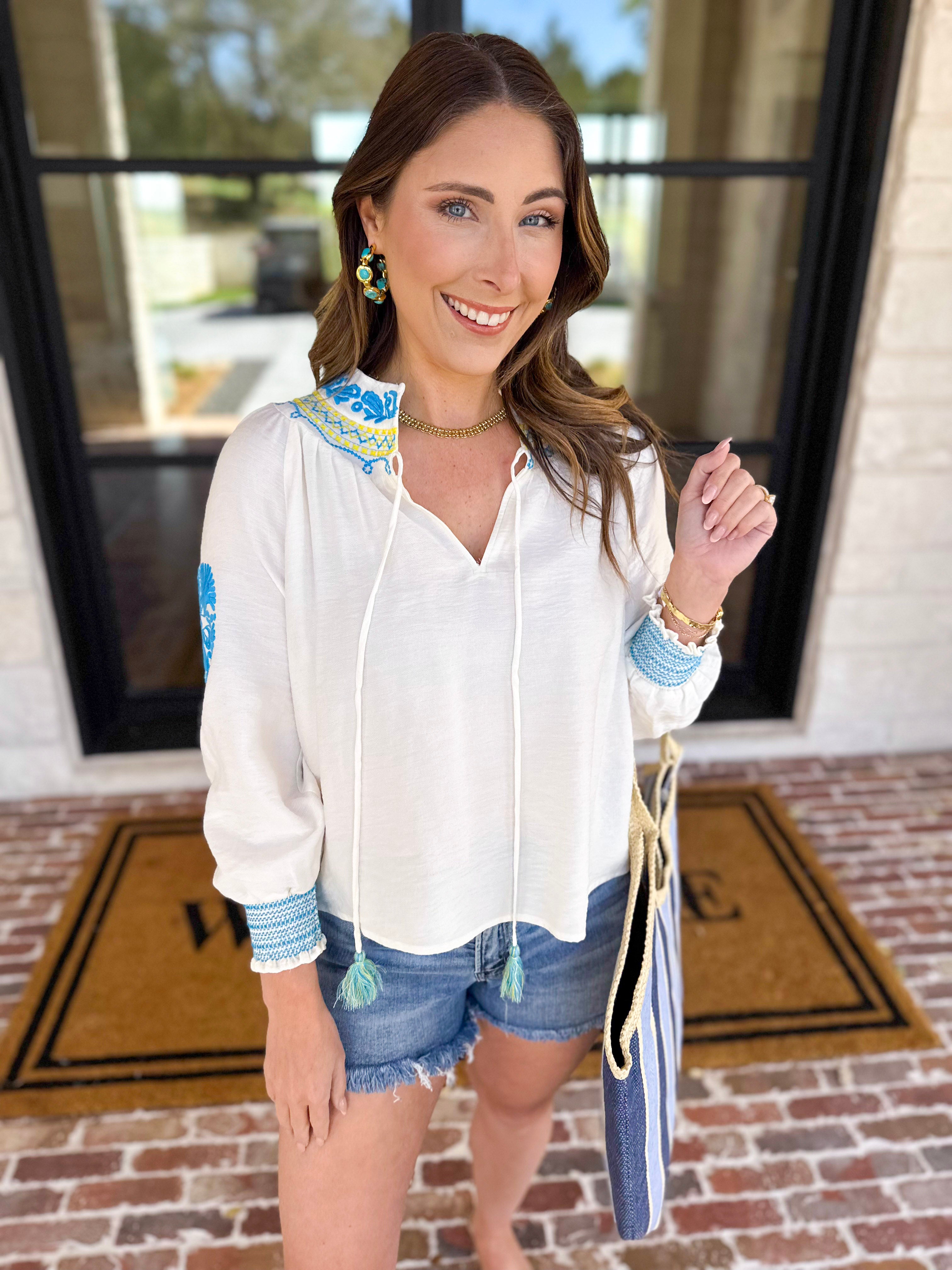 Current Air - The Santa Fe Blouse - Ivory-200 Fashion Blouses-CURRENT AIR CLOTHING-July & June Women's Fashion Boutique Located in San Antonio, Texas
