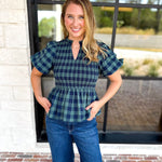Pine Plaid Blouse-200 Fashion Blouses-ENTRO-July & June Women's Fashion Boutique Located in San Antonio, Texas