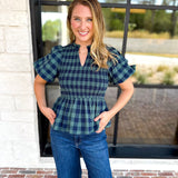 Pine Plaid Blouse-200 Fashion Blouses-ENTRO-July & June Women's Fashion Boutique Located in San Antonio, Texas