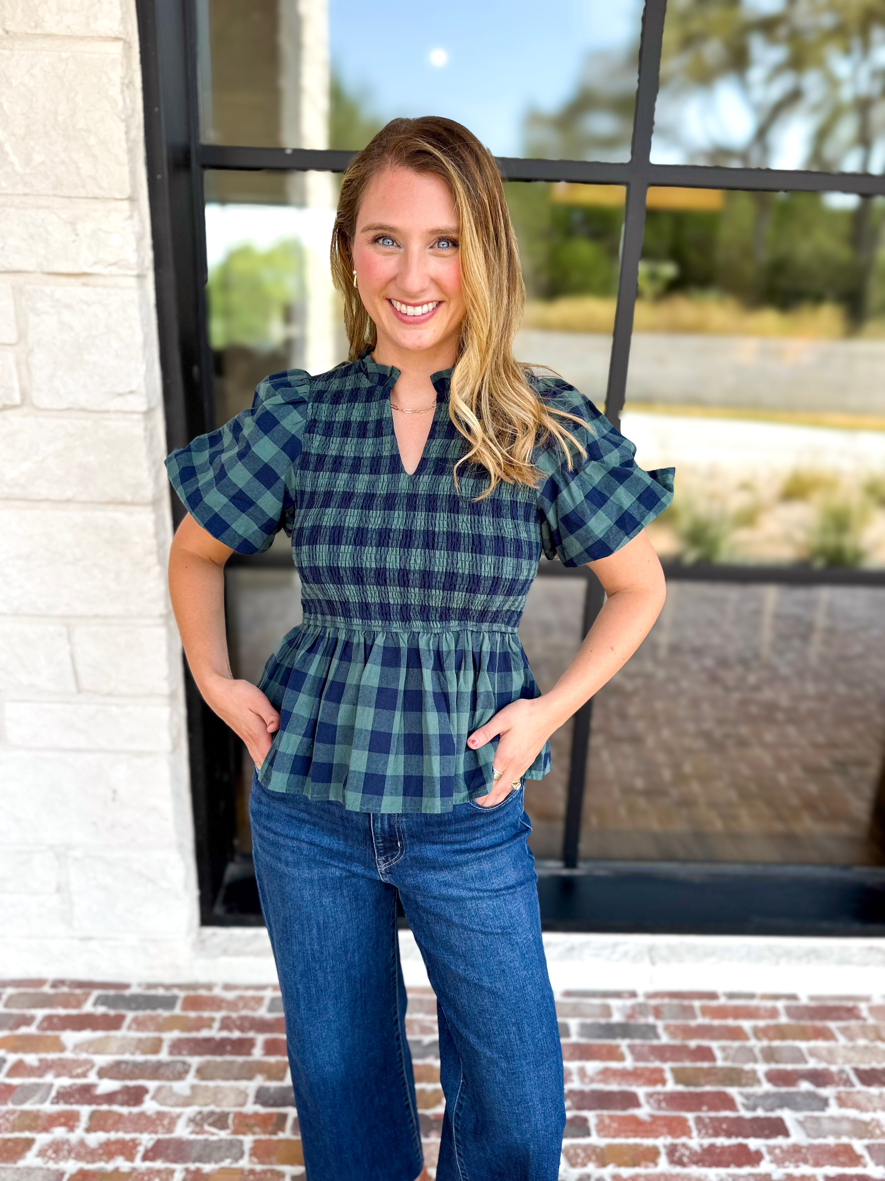 Pine Plaid Blouse-200 Fashion Blouses-ENTRO-July & June Women's Fashion Boutique Located in San Antonio, Texas