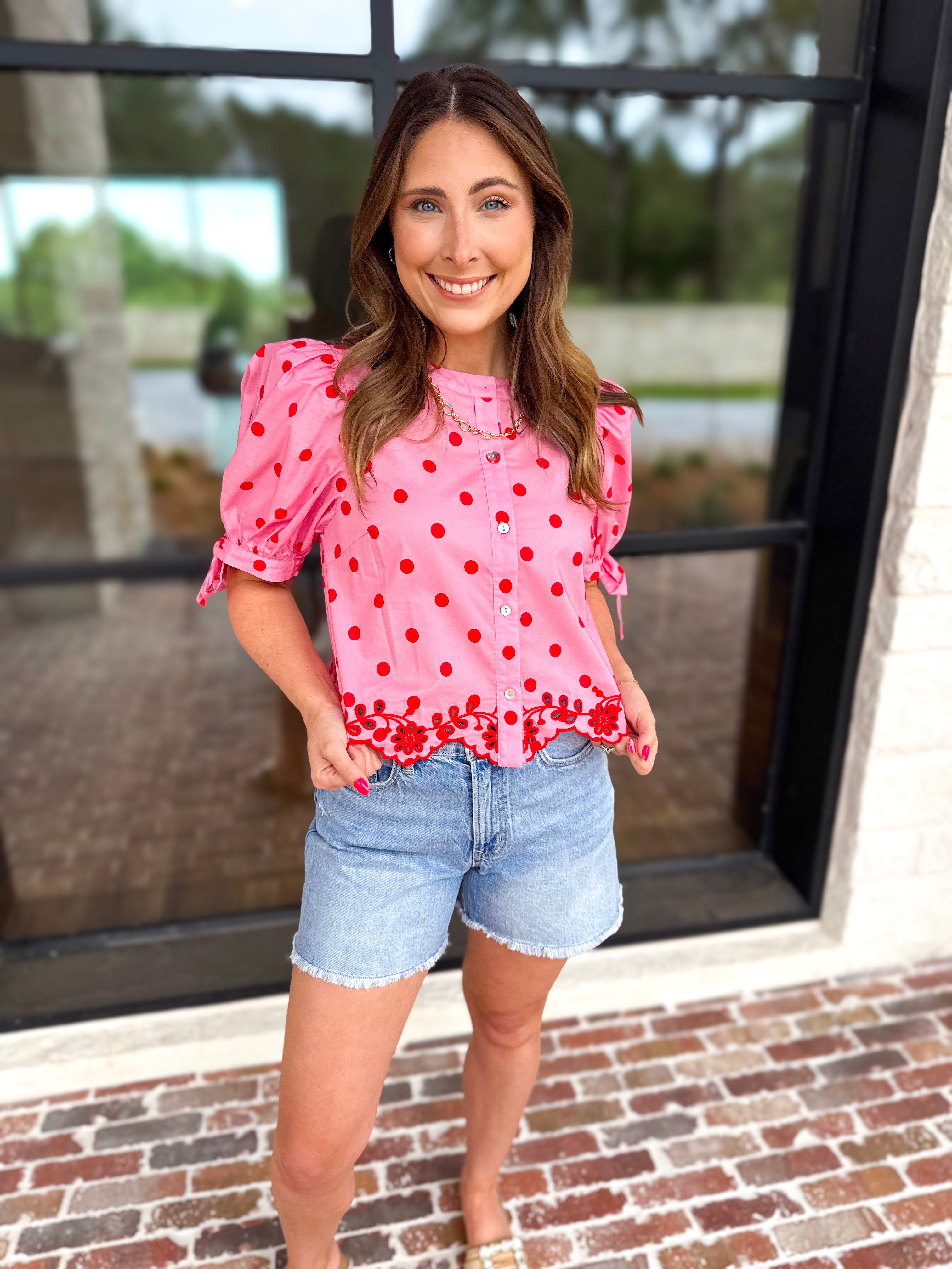 Polka Dot Chic Blouse - Red & Pink-200 Fashion Blouses-ENTRO-July & June Women's Fashion Boutique Located in San Antonio, Texas