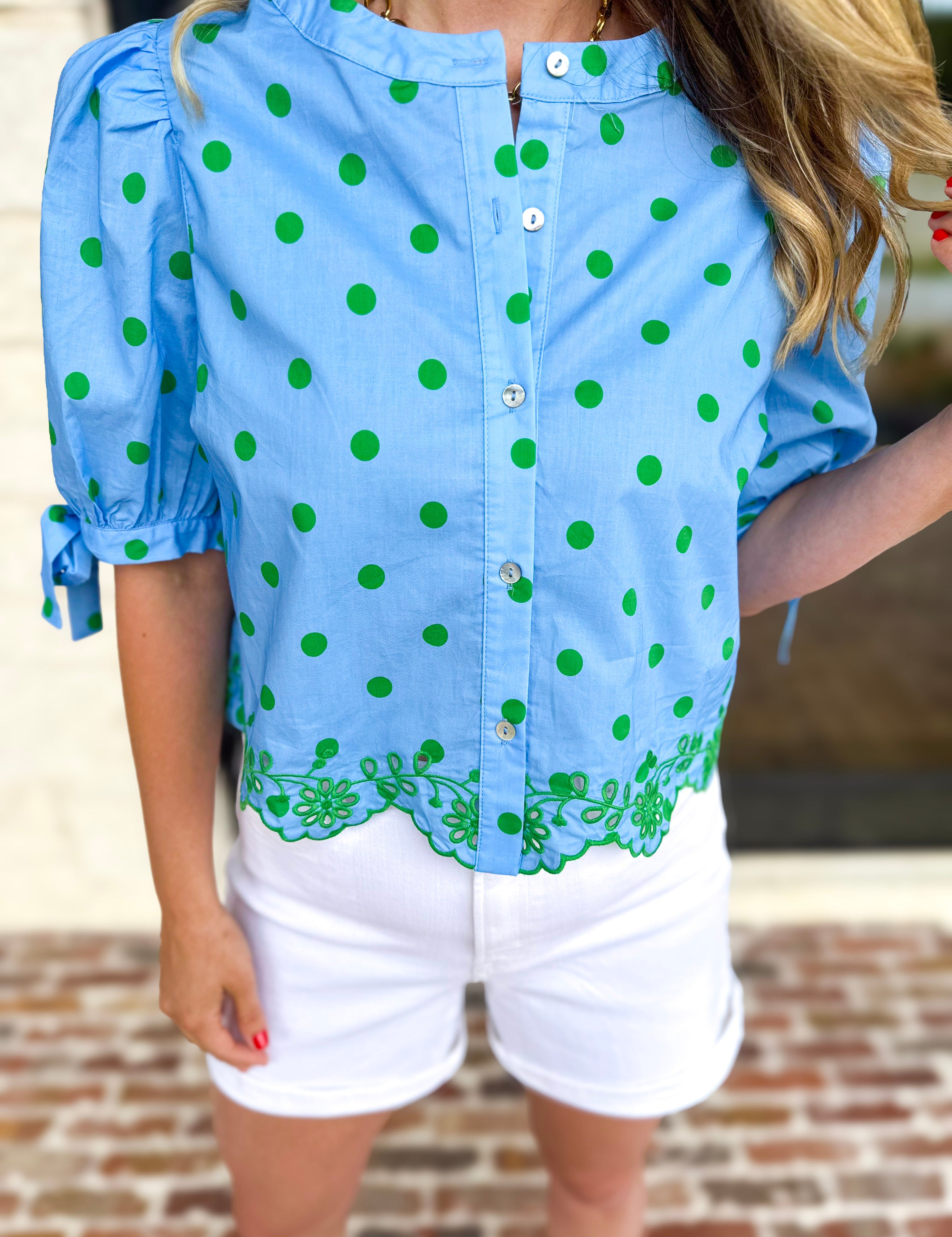 Polka Dot Chic Blouse - Green & Blue-200 Fashion Blouses-ENTRO-July & June Women's Fashion Boutique Located in San Antonio, Texas