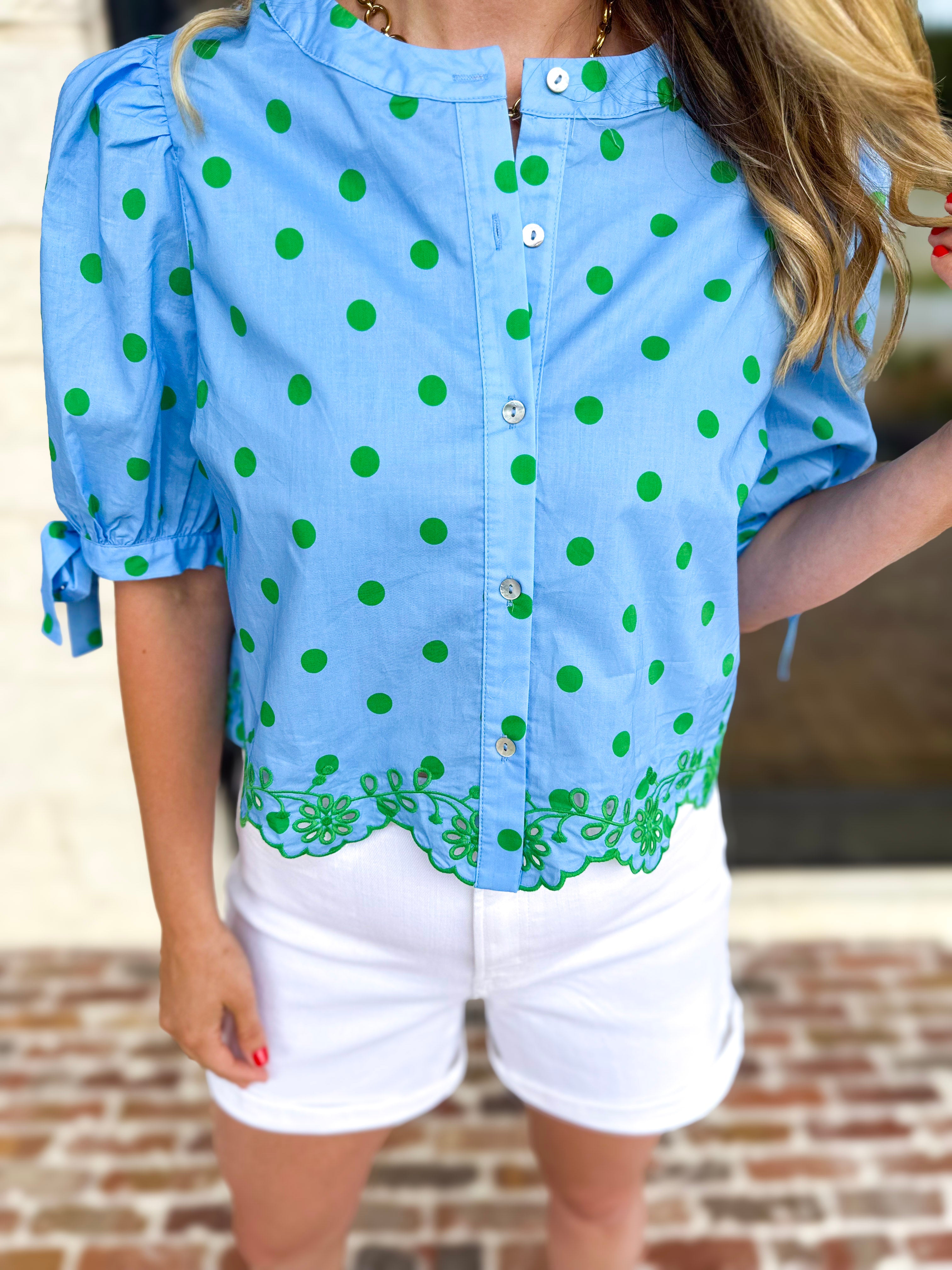 Polka Dot Chic Blouse - Green & Blue-200 Fashion Blouses-ENTRO-July & June Women's Fashion Boutique Located in San Antonio, Texas