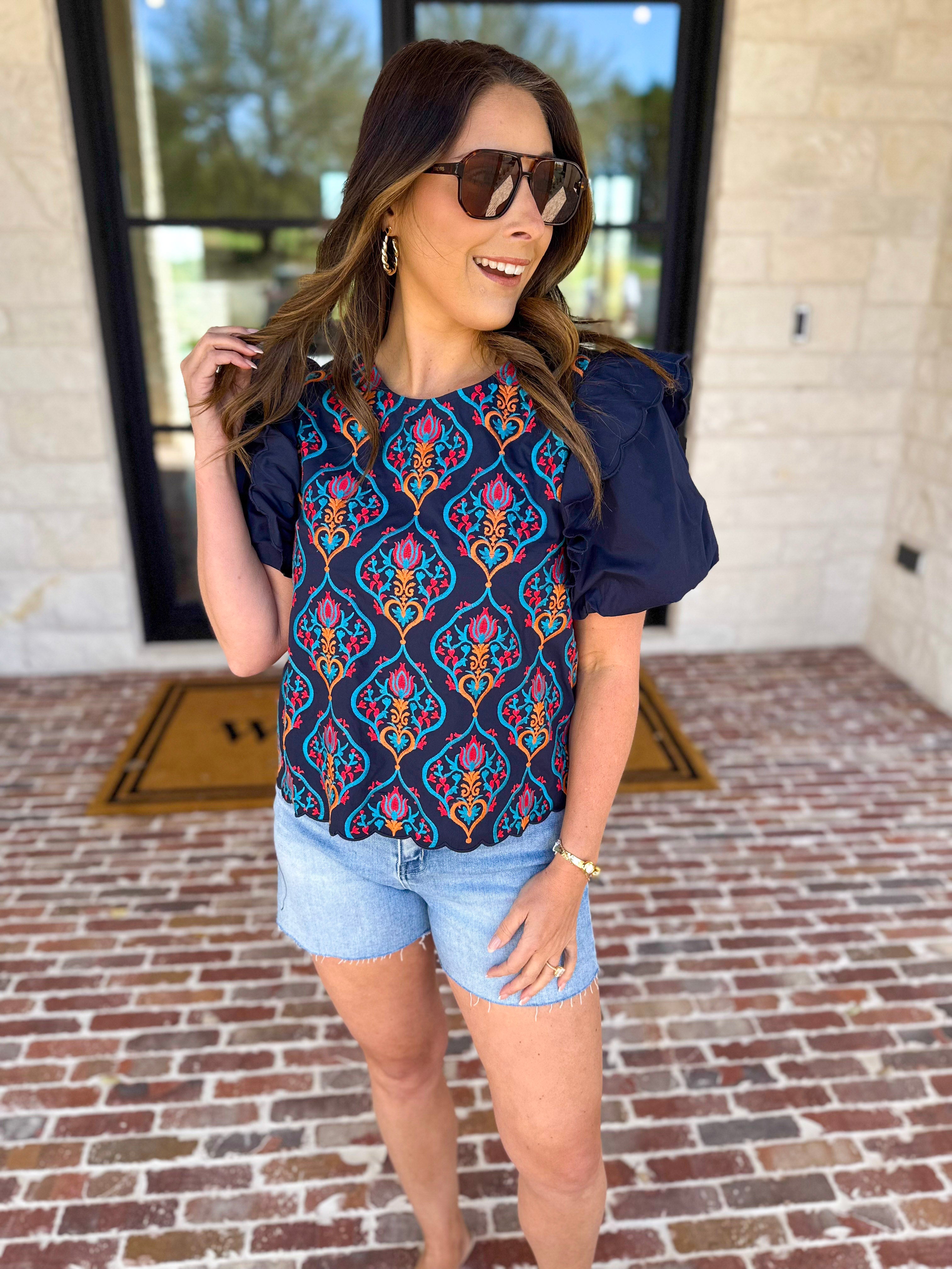 Spring Celebration Blouse - Navy-200 Fashion Blouses-JODIFL-July & June Women's Fashion Boutique Located in San Antonio, Texas