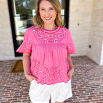 THML - The Riverwalk Embroidered Blouse - Pink-200 Fashion Blouses-THML-July & June Women's Fashion Boutique Located in San Antonio, Texas