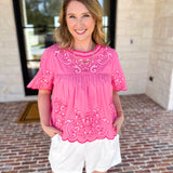 THML - The Riverwalk Embroidered Blouse - Pink-200 Fashion Blouses-THML-July & June Women's Fashion Boutique Located in San Antonio, Texas