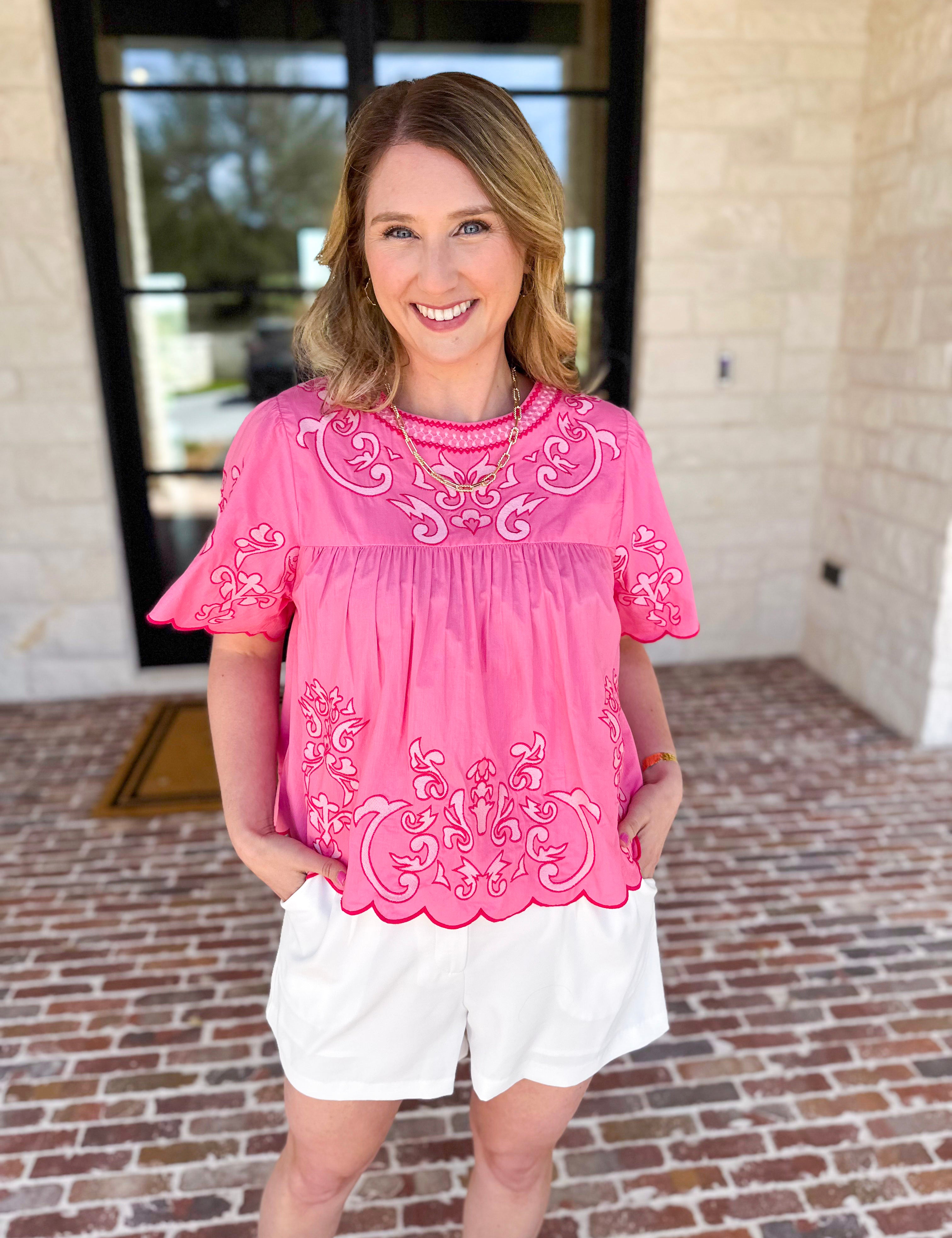 THML - The Riverwalk Embroidered Blouse - Pink-200 Fashion Blouses-THML-July & June Women's Fashion Boutique Located in San Antonio, Texas