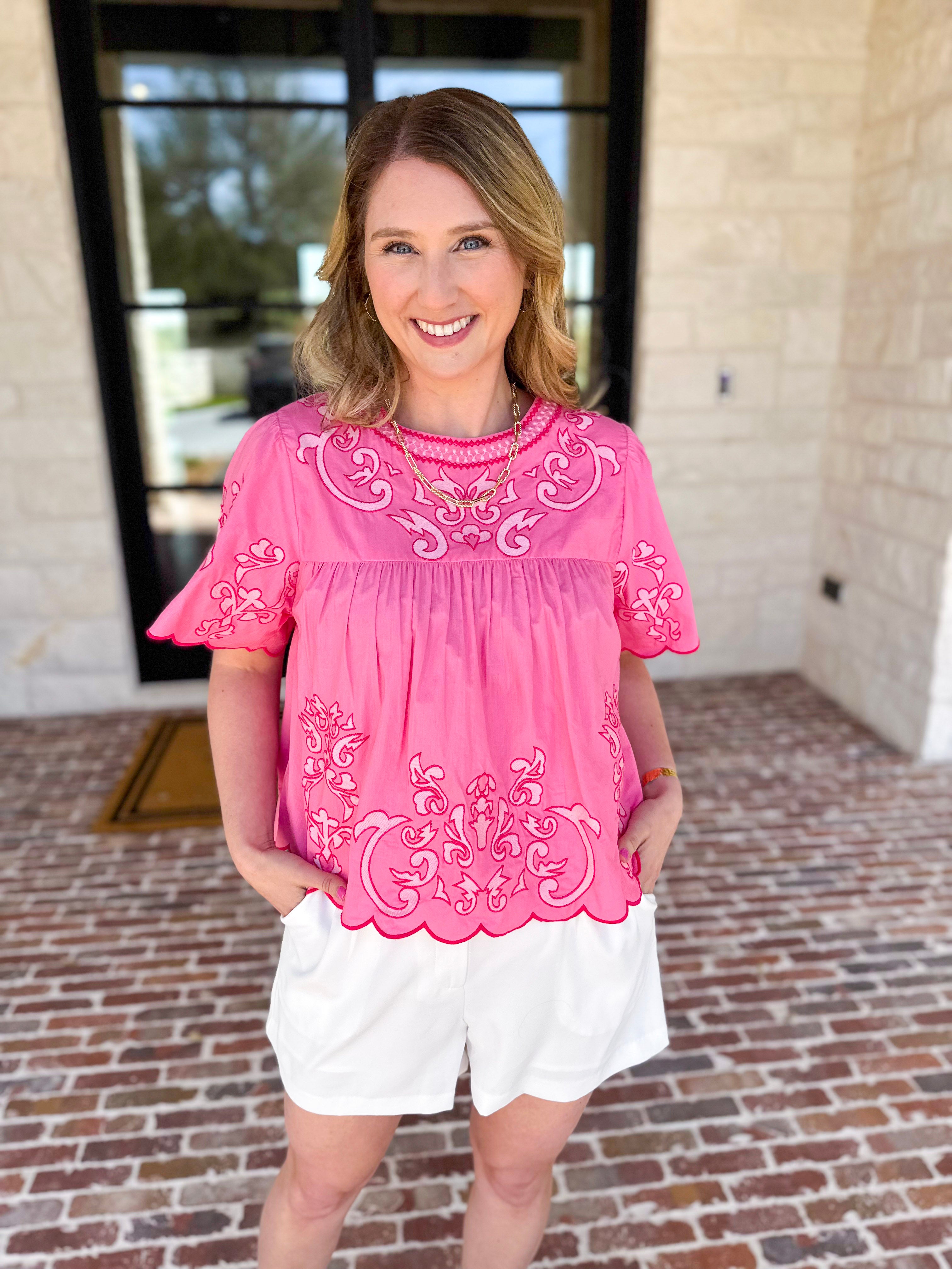 THML - The Riverwalk Embroidered Blouse - Pink-200 Fashion Blouses-THML-July & June Women's Fashion Boutique Located in San Antonio, Texas