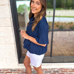Current Air - Pleated Button Down Blouse - Navy-200 Fashion Blouses-CURRENT AIR CLOTHING-July & June Women's Fashion Boutique Located in San Antonio, Texas