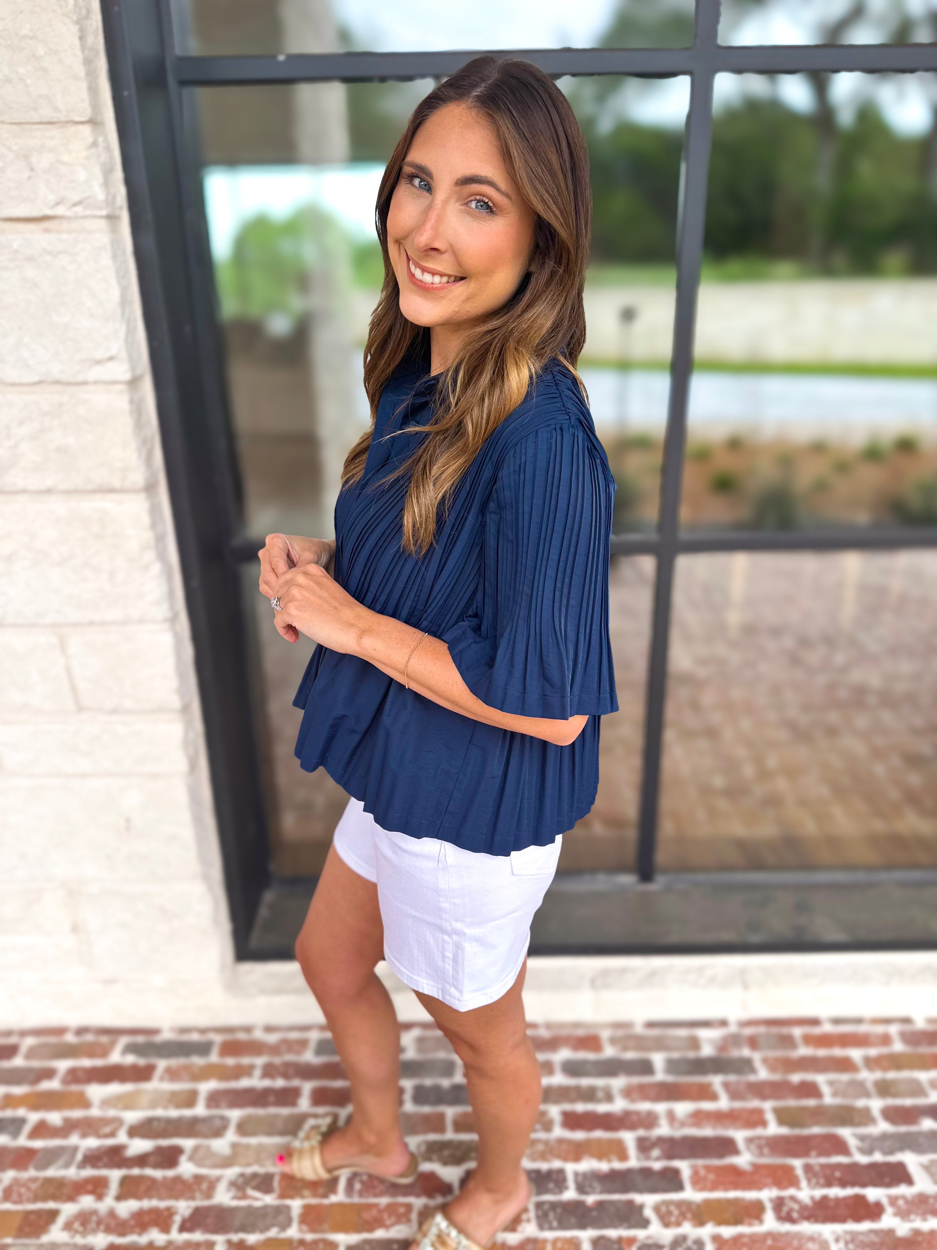 Current Air - Pleated Button Down Blouse - Navy-200 Fashion Blouses-CURRENT AIR CLOTHING-July & June Women's Fashion Boutique Located in San Antonio, Texas