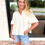 Current Air - Pleated Button Down Blouse - Cream-200 Fashion Blouses-CURRENT AIR CLOTHING-July & June Women's Fashion Boutique Located in San Antonio, Texas