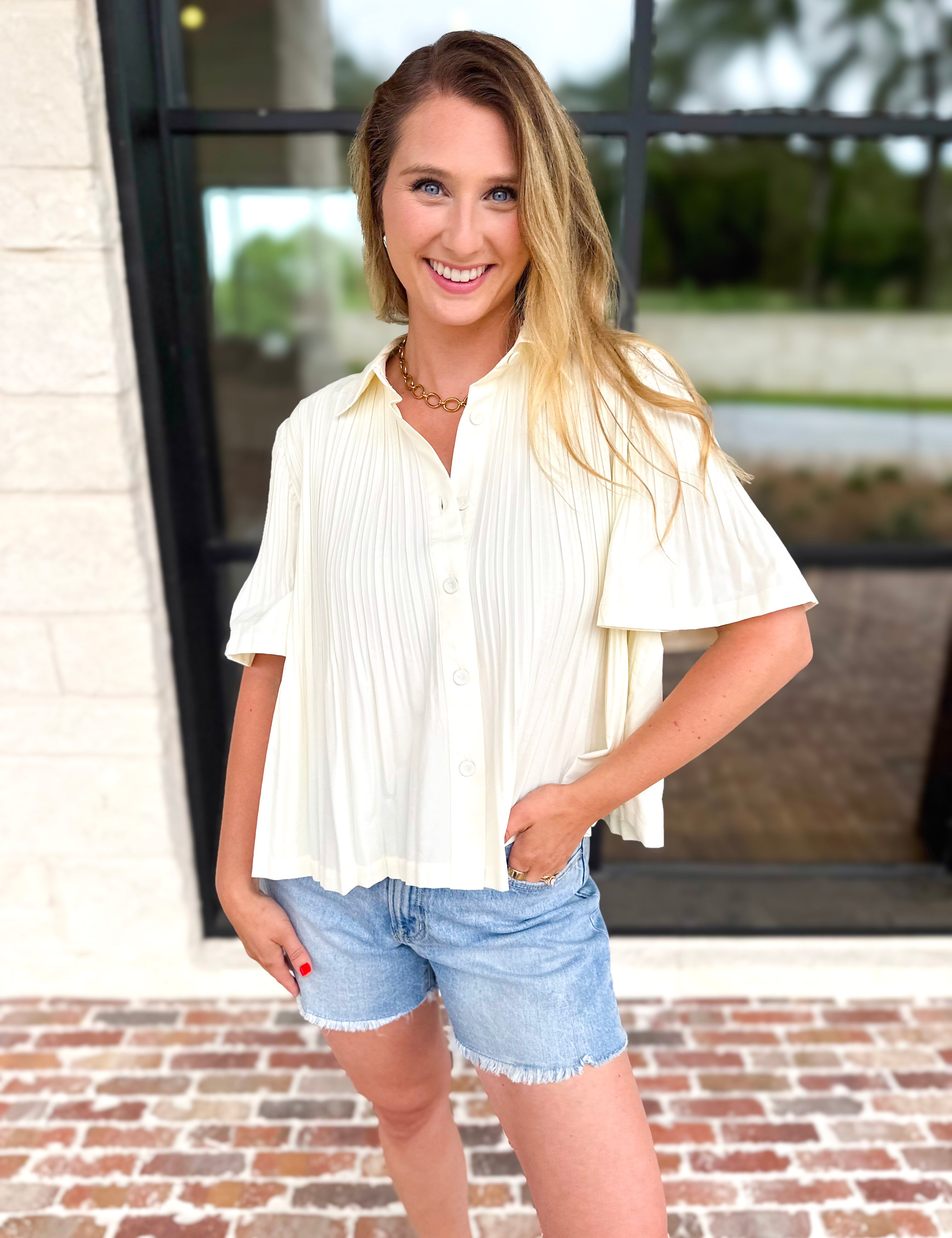 Current Air - Pleated Button Down Blouse - Cream-200 Fashion Blouses-CURRENT AIR CLOTHING-July & June Women's Fashion Boutique Located in San Antonio, Texas