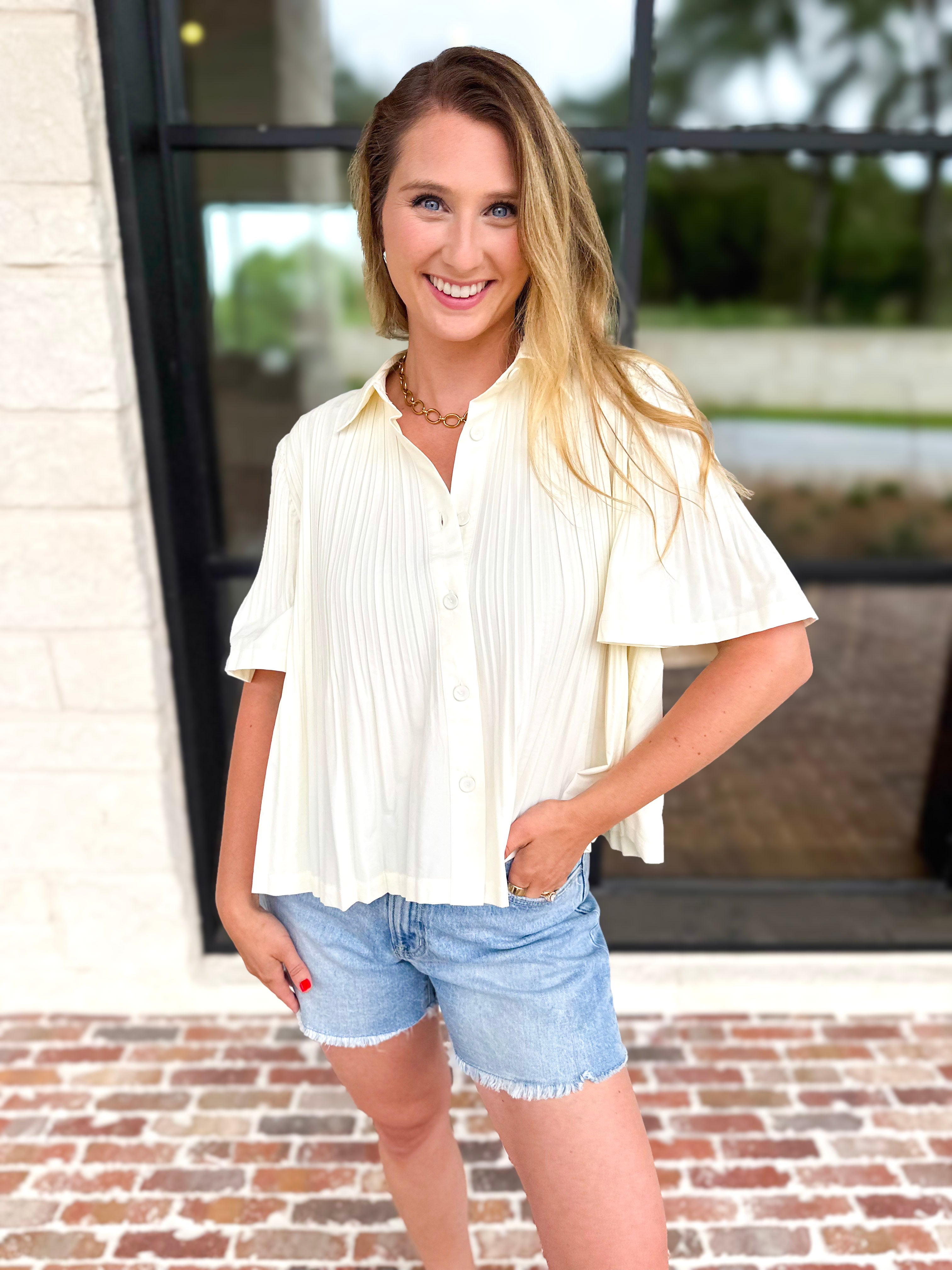 Current Air - Pleated Button Down Blouse - Cream-200 Fashion Blouses-CURRENT AIR CLOTHING-July & June Women's Fashion Boutique Located in San Antonio, Texas