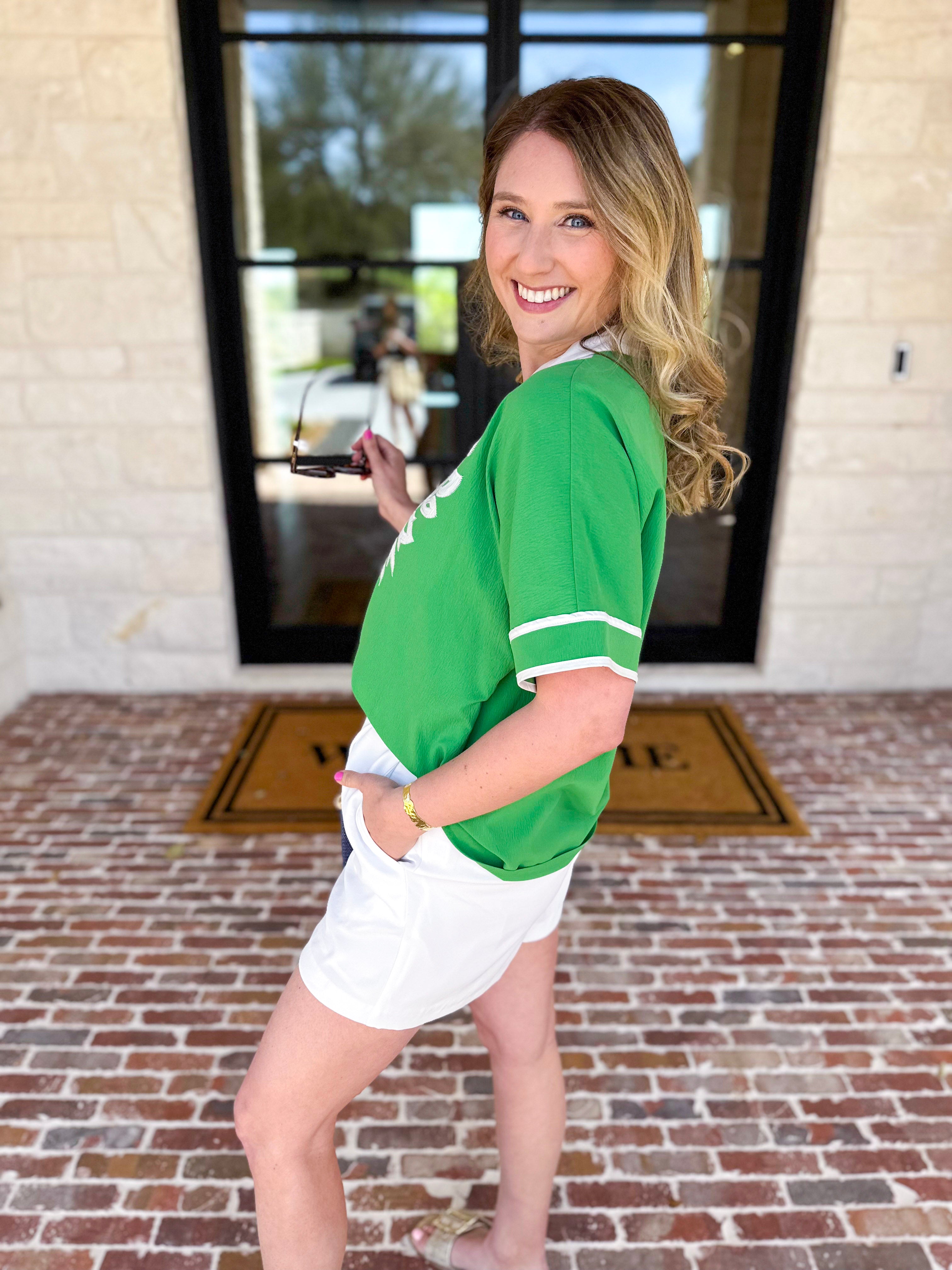 City Strolls Embroidered Blouse - Kelly Green-200 Fashion Blouses-JODIFL-July & June Women's Fashion Boutique Located in San Antonio, Texas