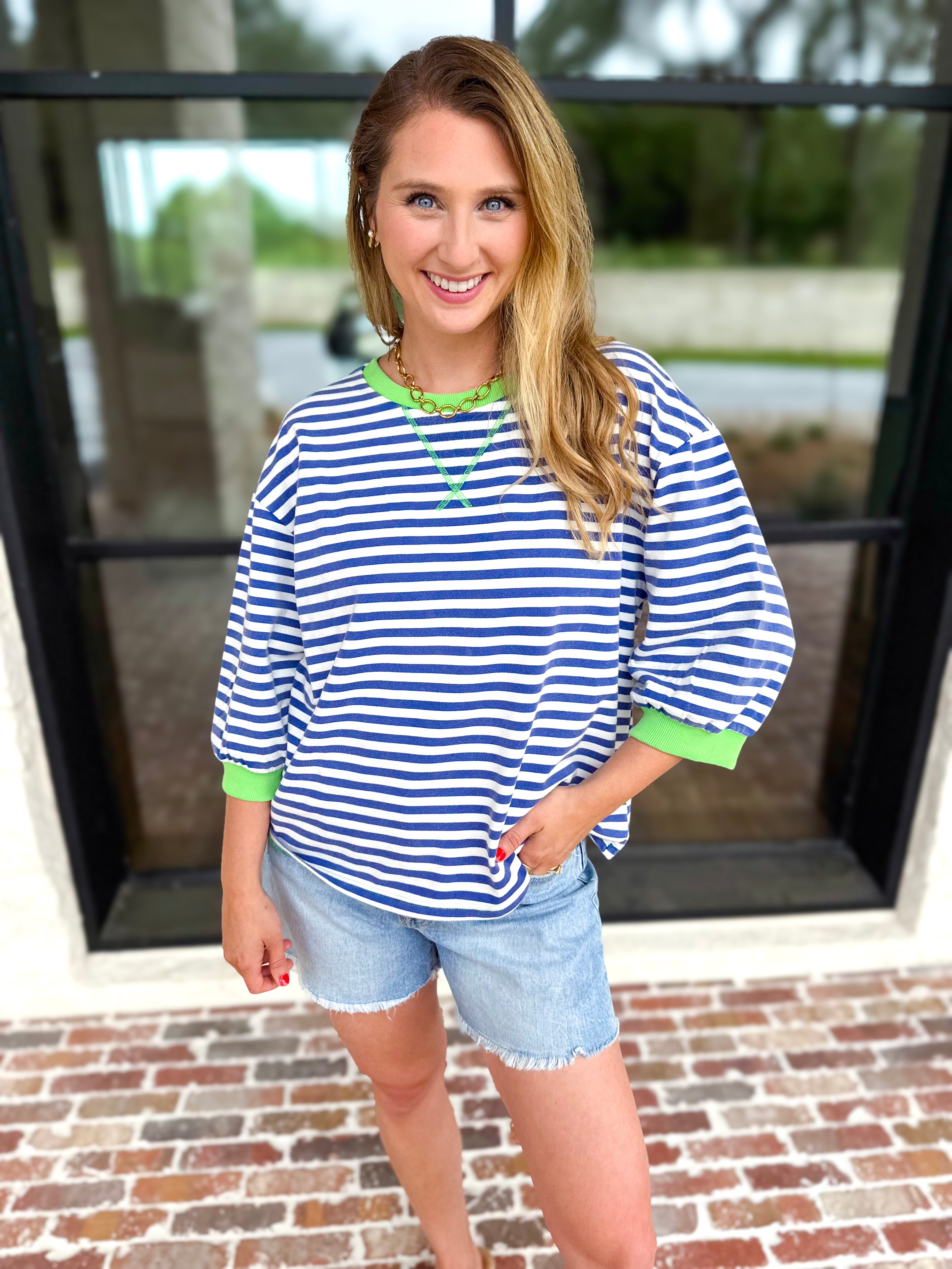 Royal Stripe Tee-210 Casual Blouses-JODIFL-July & June Women's Fashion Boutique Located in San Antonio, Texas