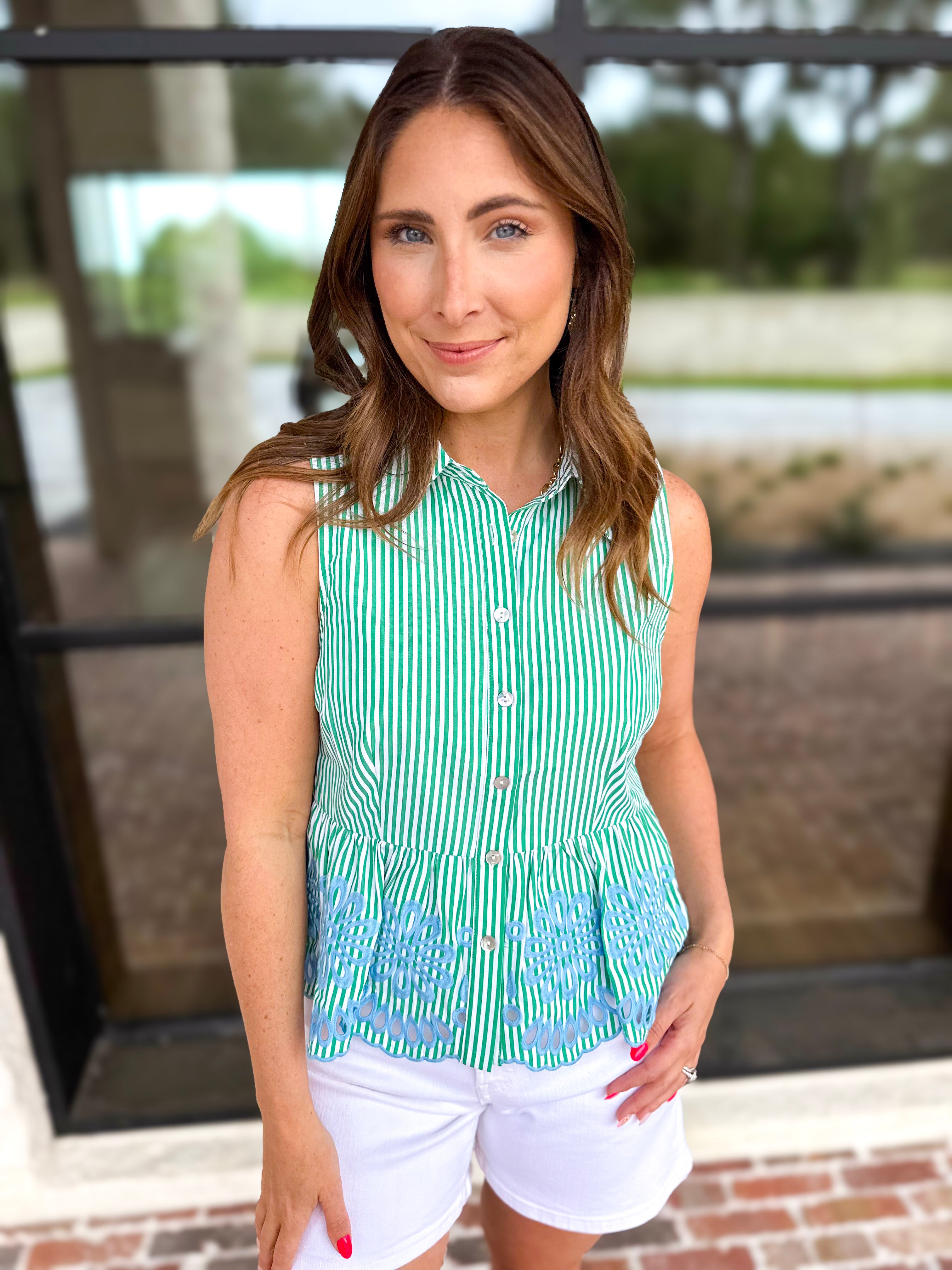 Warm Breeze Stripe & Embroidered Tank - Green-200 Fashion Blouses-ENTRO-July & June Women's Fashion Boutique Located in San Antonio, Texas