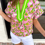 The Maisie Floral Scalloped Blouse - Pink & Lime-200 Fashion Blouses-ENTRO-July & June Women's Fashion Boutique Located in San Antonio, Texas