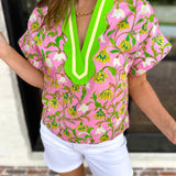 The Maisie Floral Scalloped Blouse - Pink & Lime-200 Fashion Blouses-ENTRO-July & June Women's Fashion Boutique Located in San Antonio, Texas