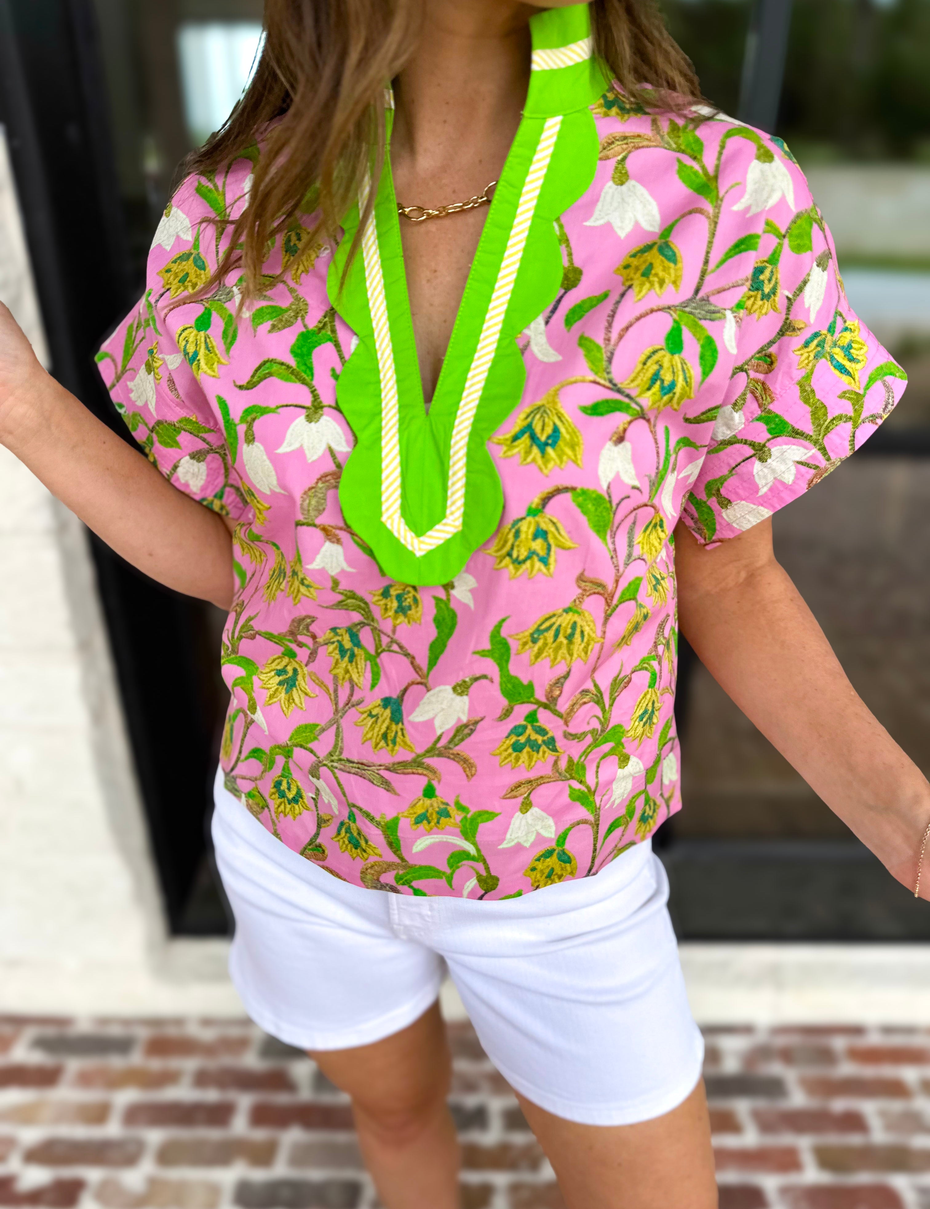 The Maisie Floral Scalloped Blouse - Pink & Lime-200 Fashion Blouses-ENTRO-July & June Women's Fashion Boutique Located in San Antonio, Texas