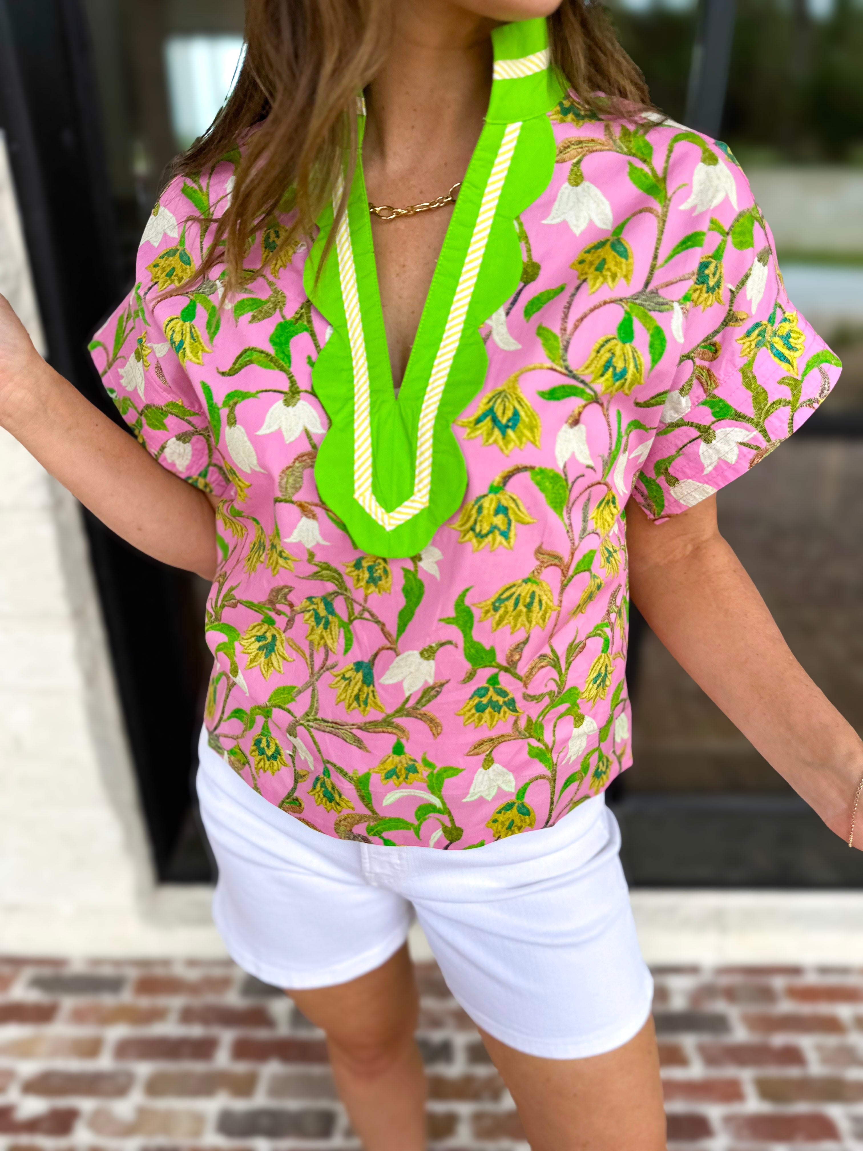 The Maisie Floral Scalloped Blouse - Pink & Lime-200 Fashion Blouses-ENTRO-July & June Women's Fashion Boutique Located in San Antonio, Texas