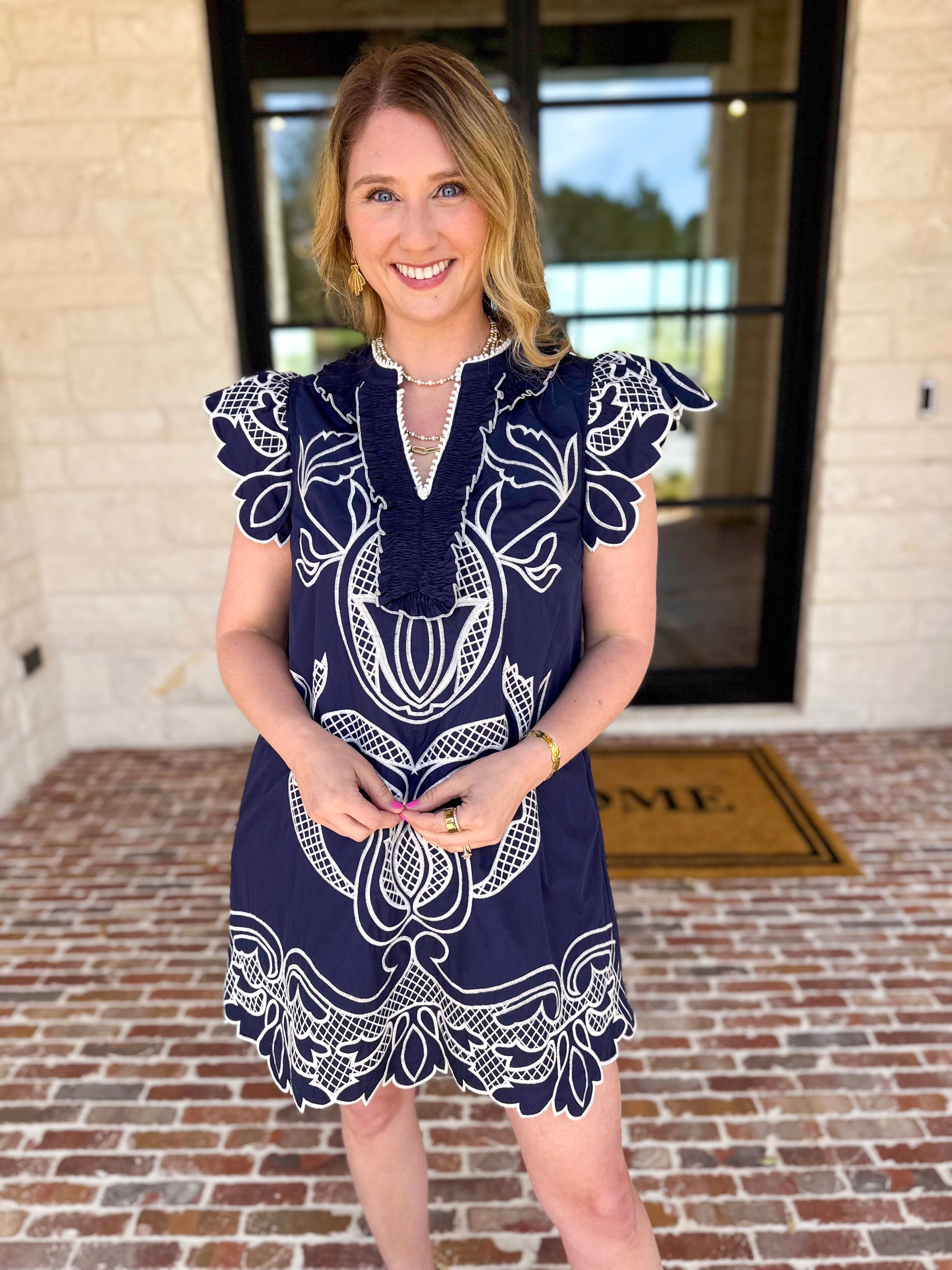 Bloom Embroidered Mini Dress - Navy-510 Mini-ENTRO-July & June Women's Fashion Boutique Located in San Antonio, Texas