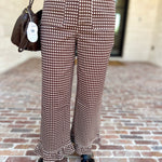 Gingham Ruffle Trim Pants - Brown-400 Pants-ENTRO-July & June Women's Fashion Boutique Located in San Antonio, Texas