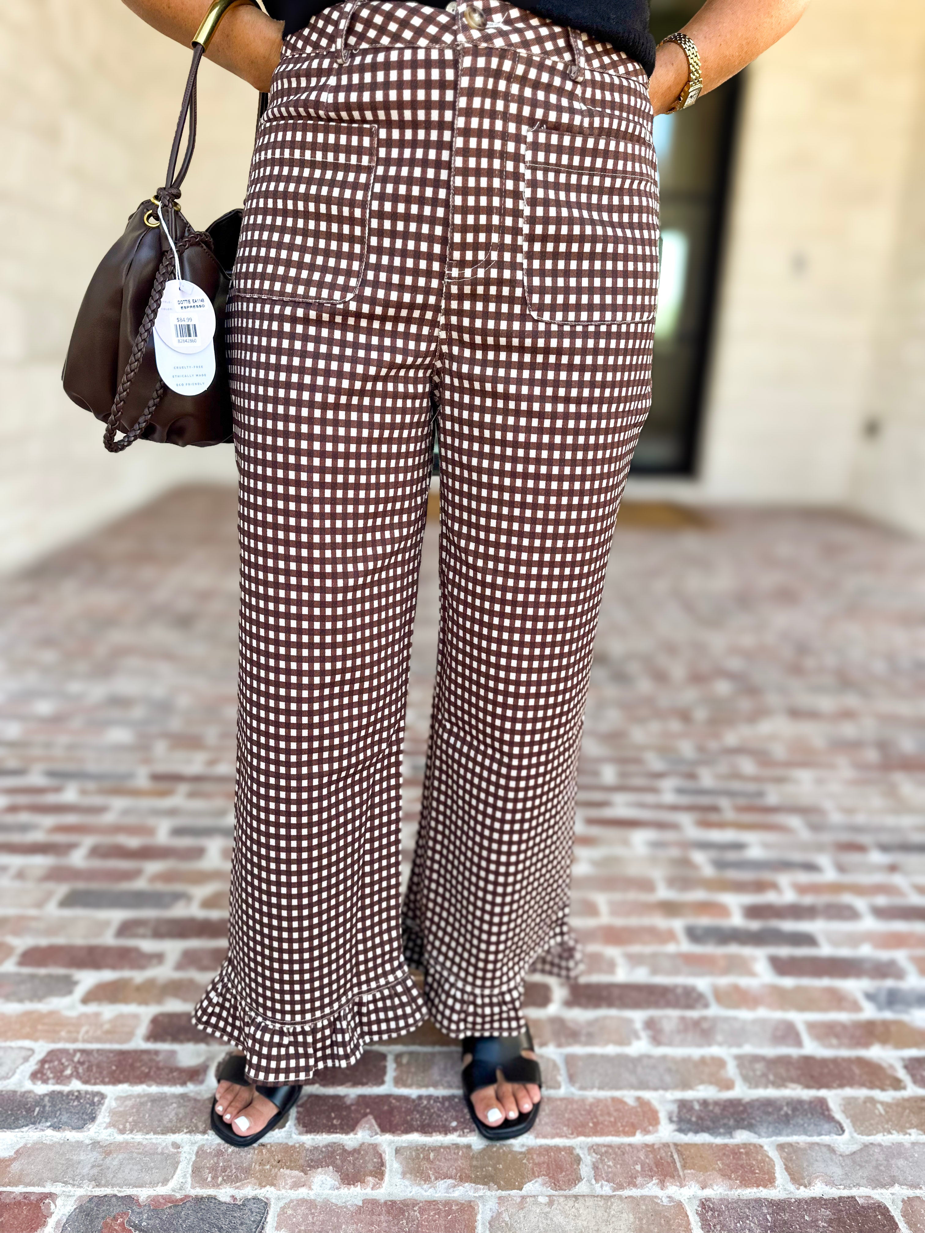 Gingham Ruffle Trim Pants - Brown-400 Pants-ENTRO-July & June Women's Fashion Boutique Located in San Antonio, Texas