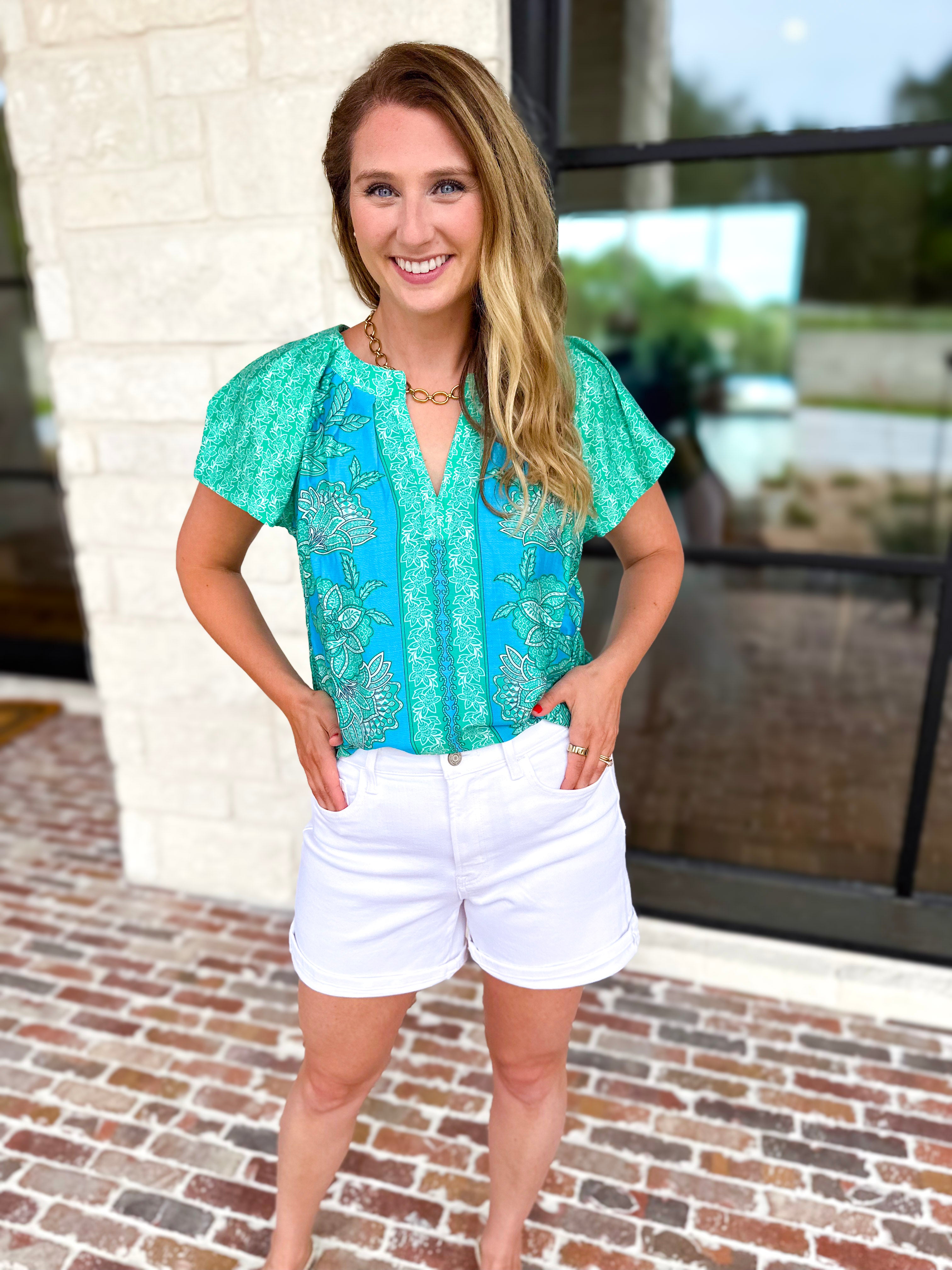 Current Air - Blue Tide Floral Blouse-200 Fashion Blouses-CURRENT AIR CLOTHING-July & June Women's Fashion Boutique Located in San Antonio, Texas