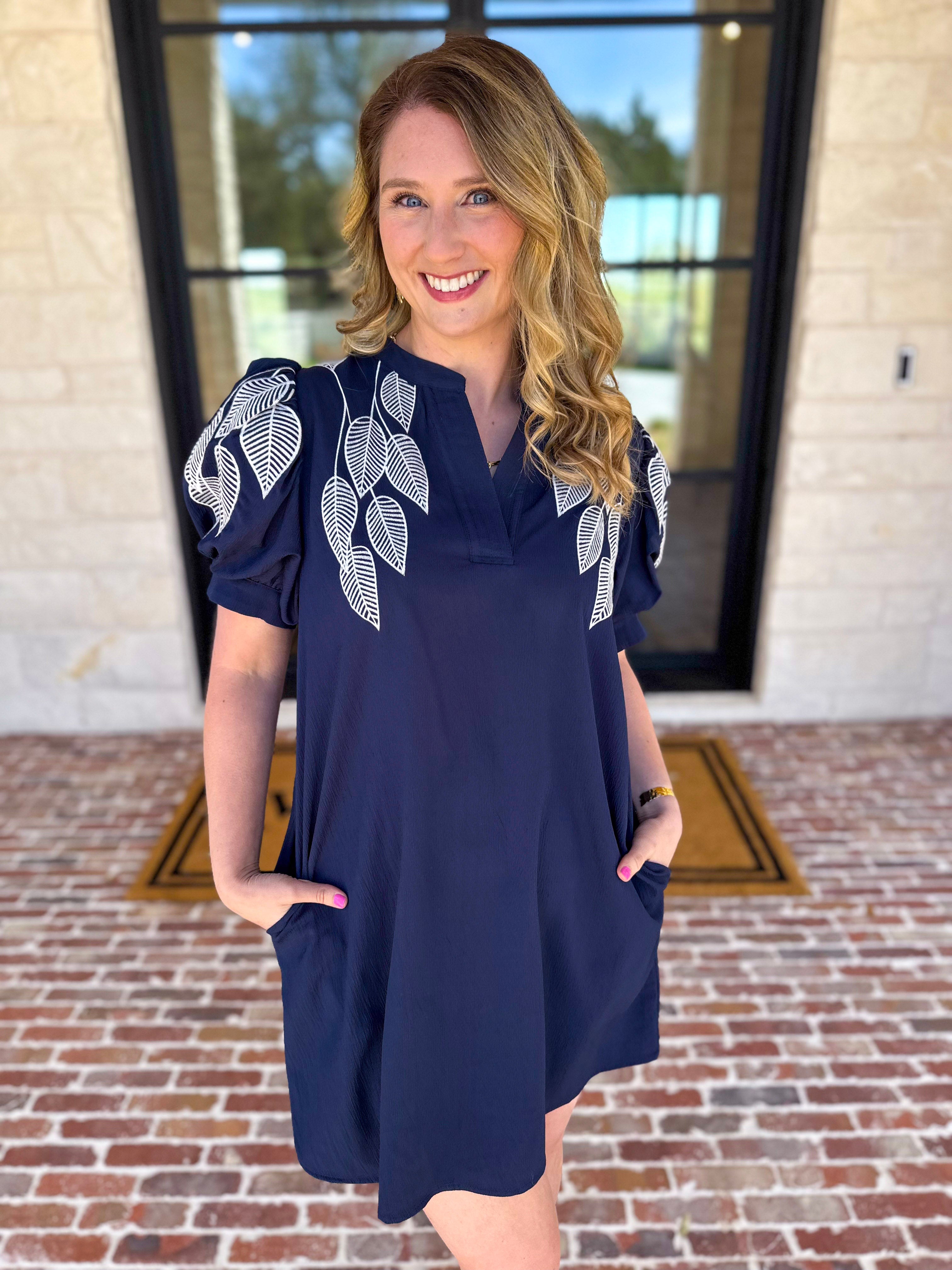 The Coastal Embroidered Mini Dress - Navy-510 Mini-JODIFL-July & June Women's Fashion Boutique Located in San Antonio, Texas