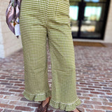 Gingham Ruffle Trim Pants - Olive-400 Pants-ENTRO-July & June Women's Fashion Boutique Located in San Antonio, Texas