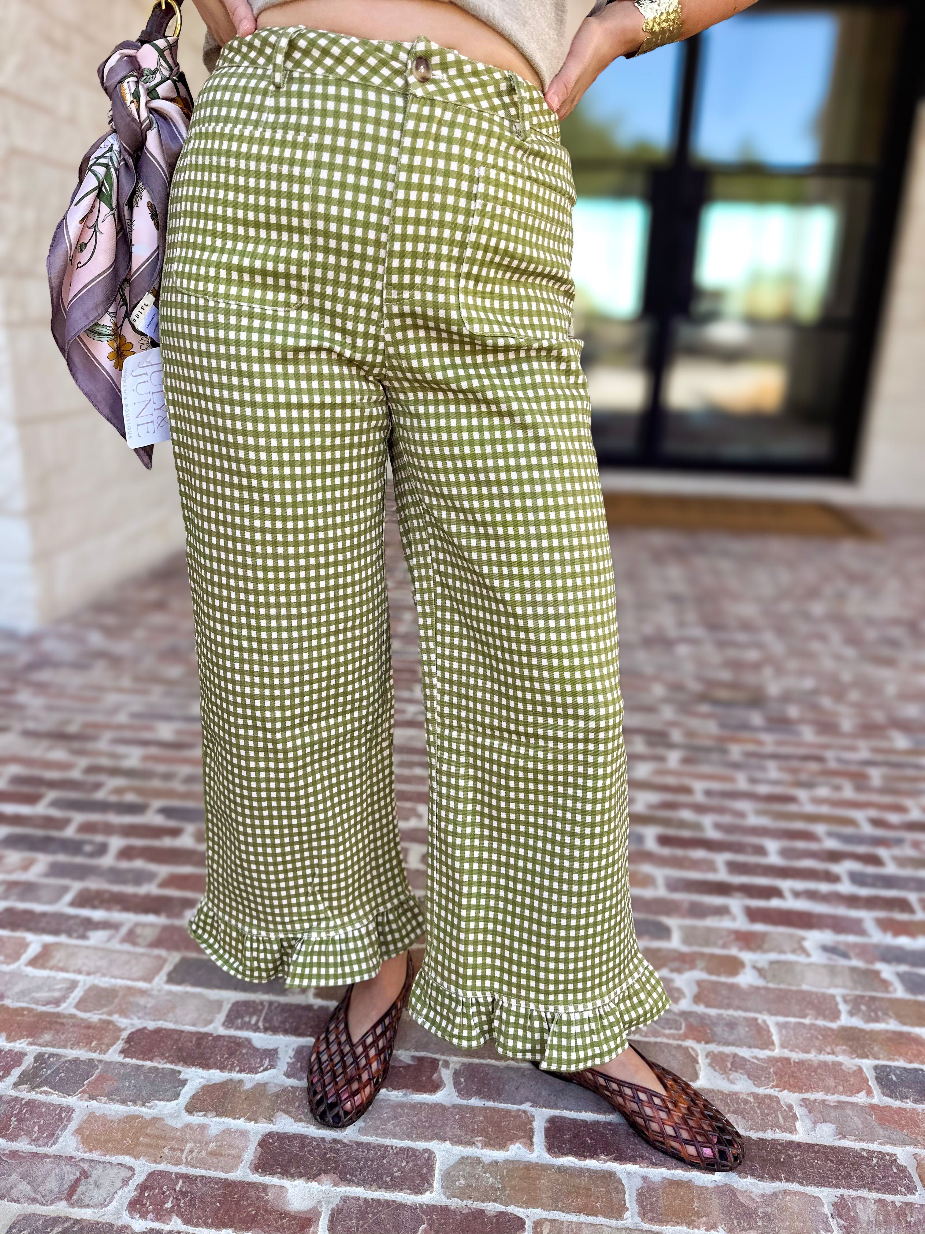 Gingham Ruffle Trim Pants - Olive-400 Pants-ENTRO-July & June Women's Fashion Boutique Located in San Antonio, Texas