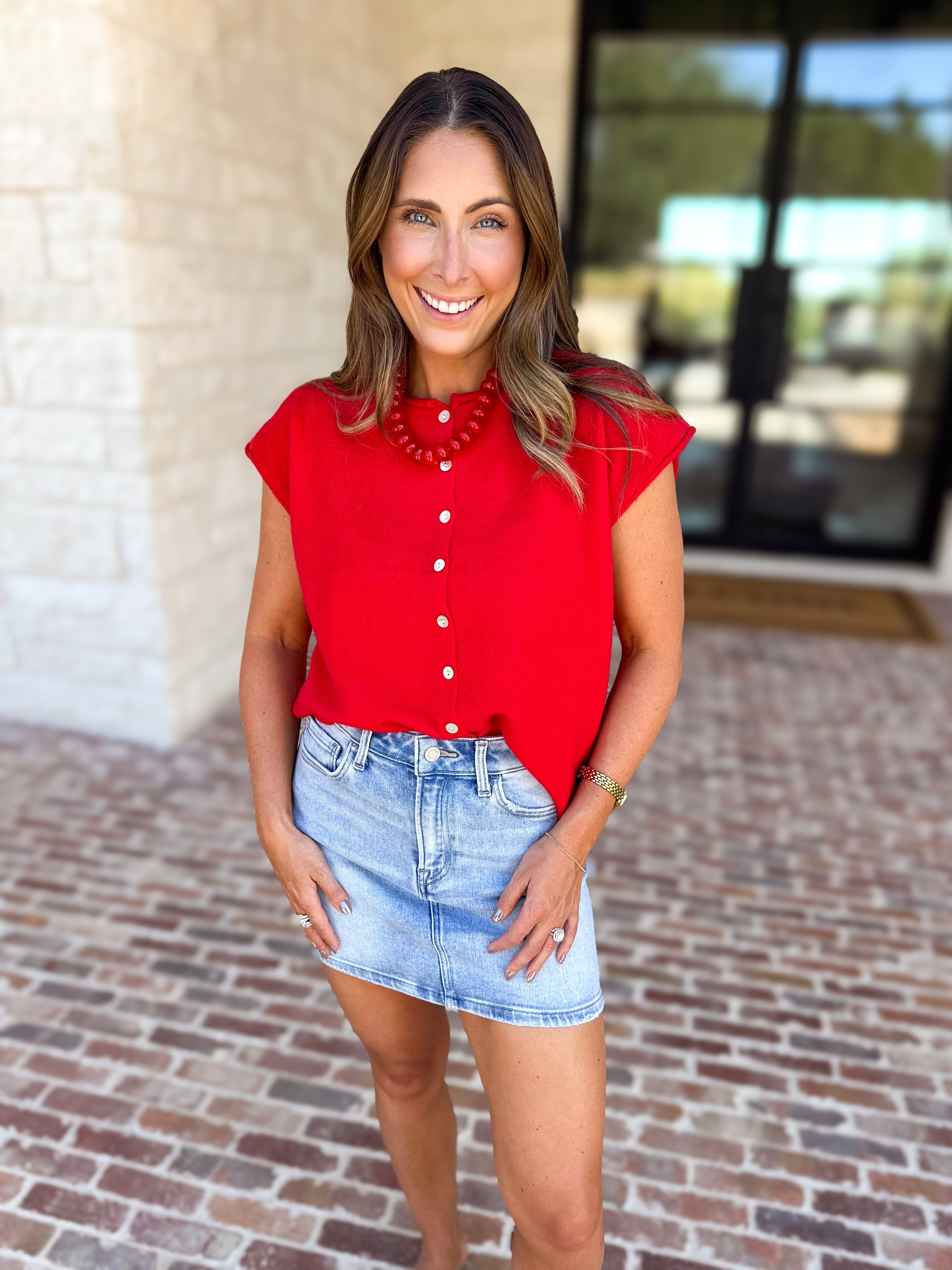 Short Sleeve Everyday Cardigan - Red-230 Sweaters/Cardis-DOUBLE ZERO-July & June Women's Fashion Boutique Located in San Antonio, Texas
