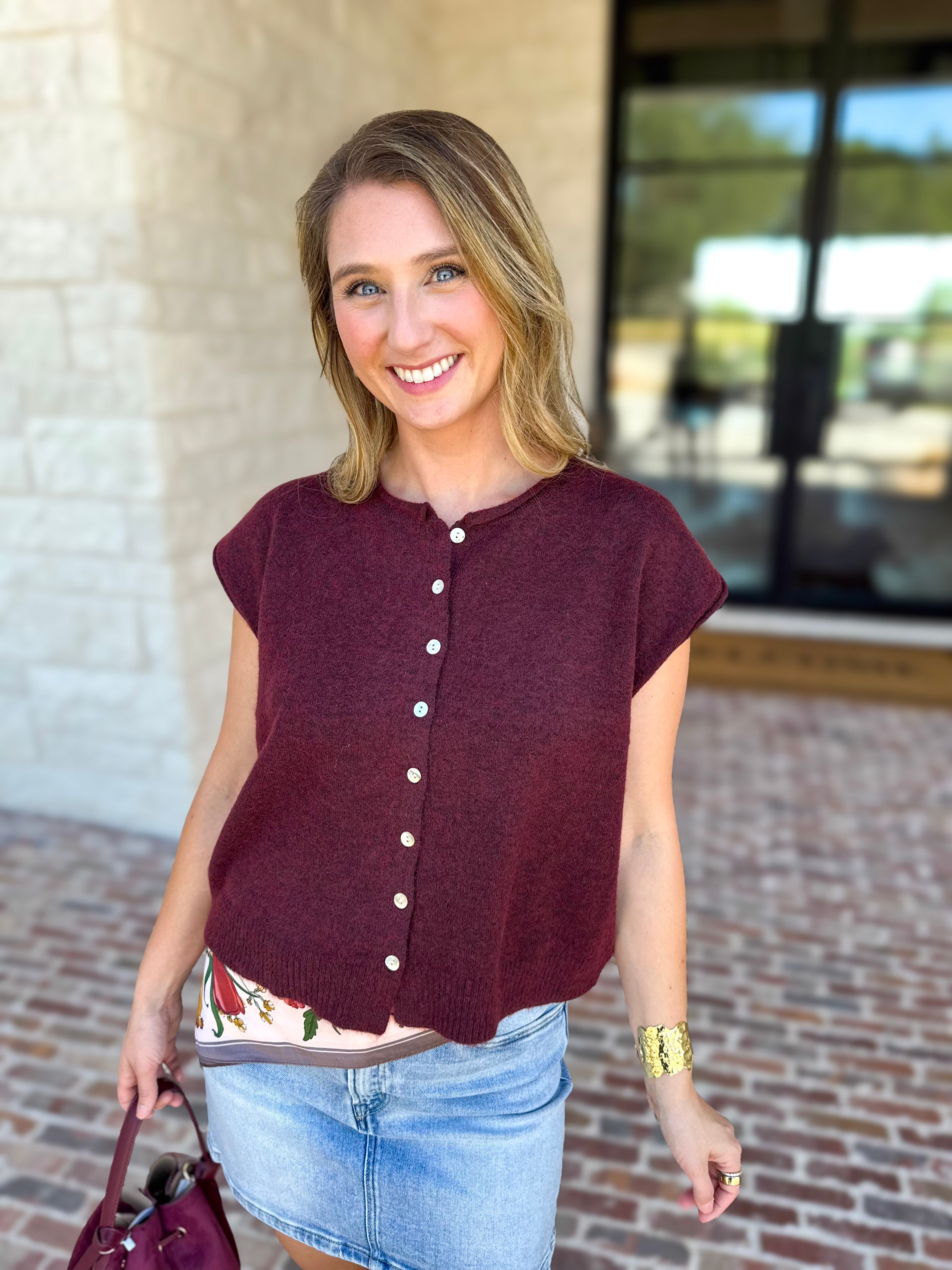 Short Sleeve Everyday Cardigan - Merlot-230 Sweaters/Cardis-DOUBLE ZERO-July & June Women's Fashion Boutique Located in San Antonio, Texas
