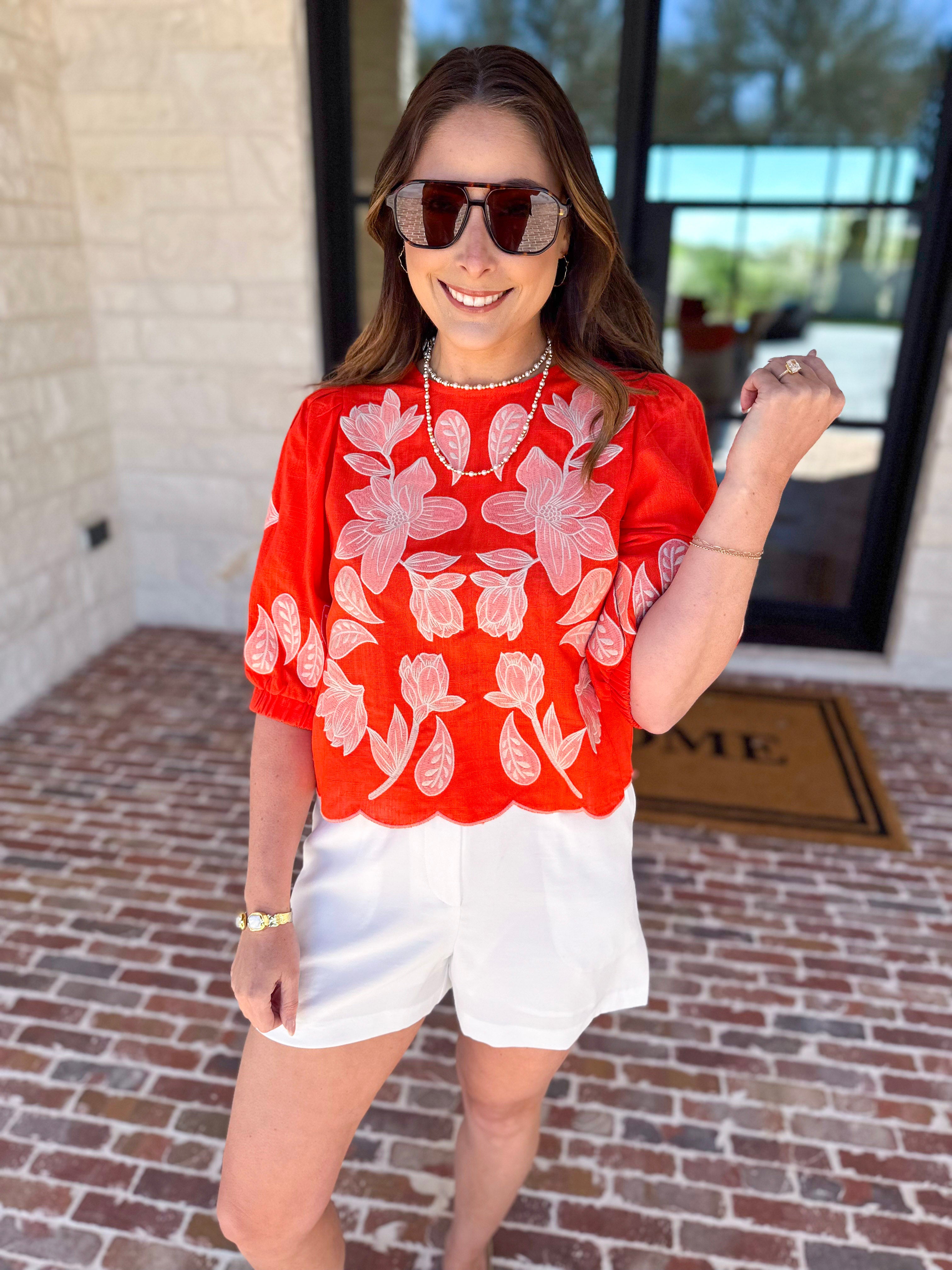 THML - Bold Orange Embroidered Blouse-200 Fashion Blouses-THML-July & June Women's Fashion Boutique Located in San Antonio, Texas