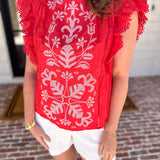 Tomato Red Embroidered Blouse-200 Fashion Blouses-FATE-July & June Women's Fashion Boutique Located in San Antonio, Texas