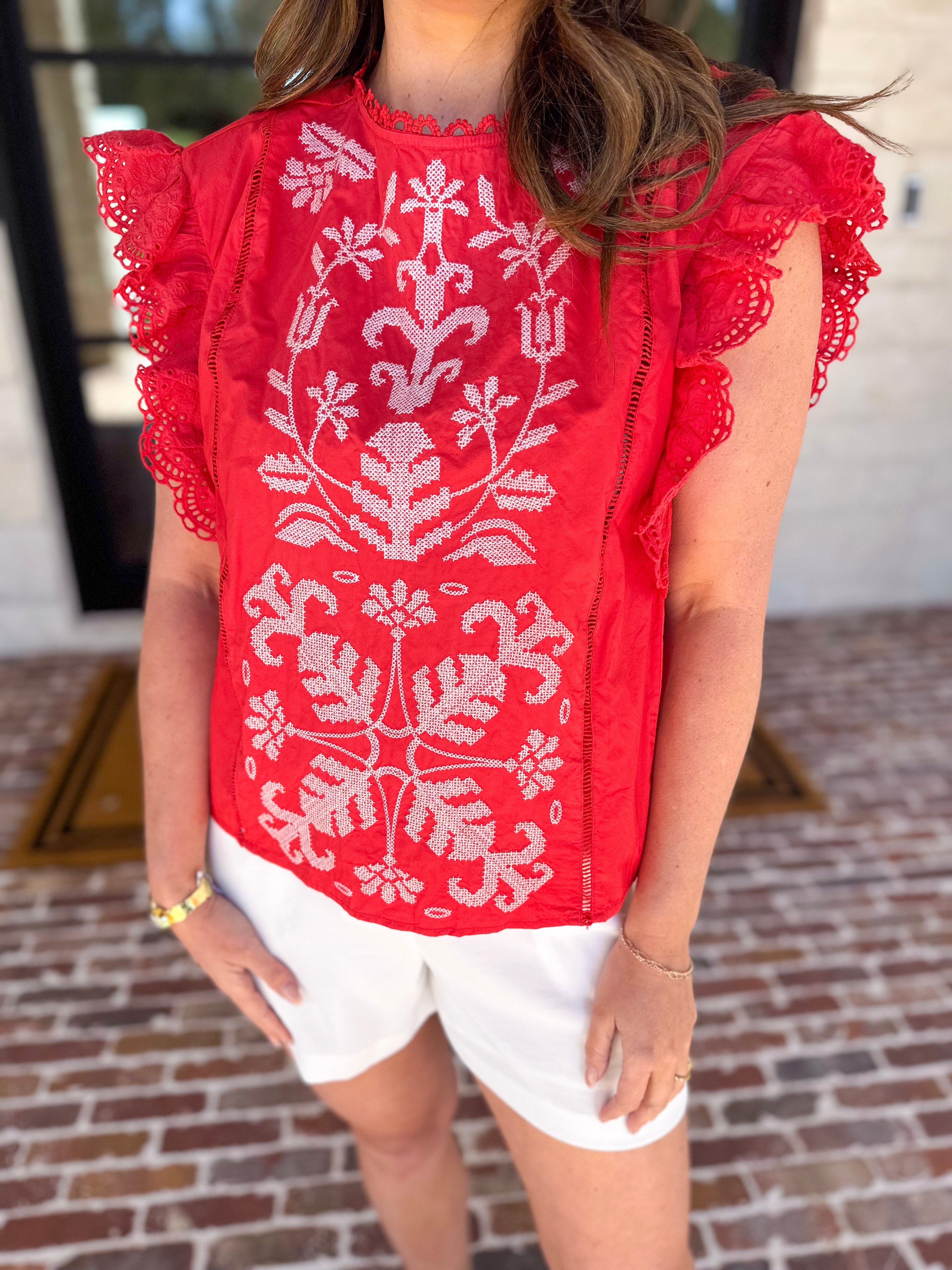 Tomato Red Embroidered Blouse-200 Fashion Blouses-FATE-July & June Women's Fashion Boutique Located in San Antonio, Texas