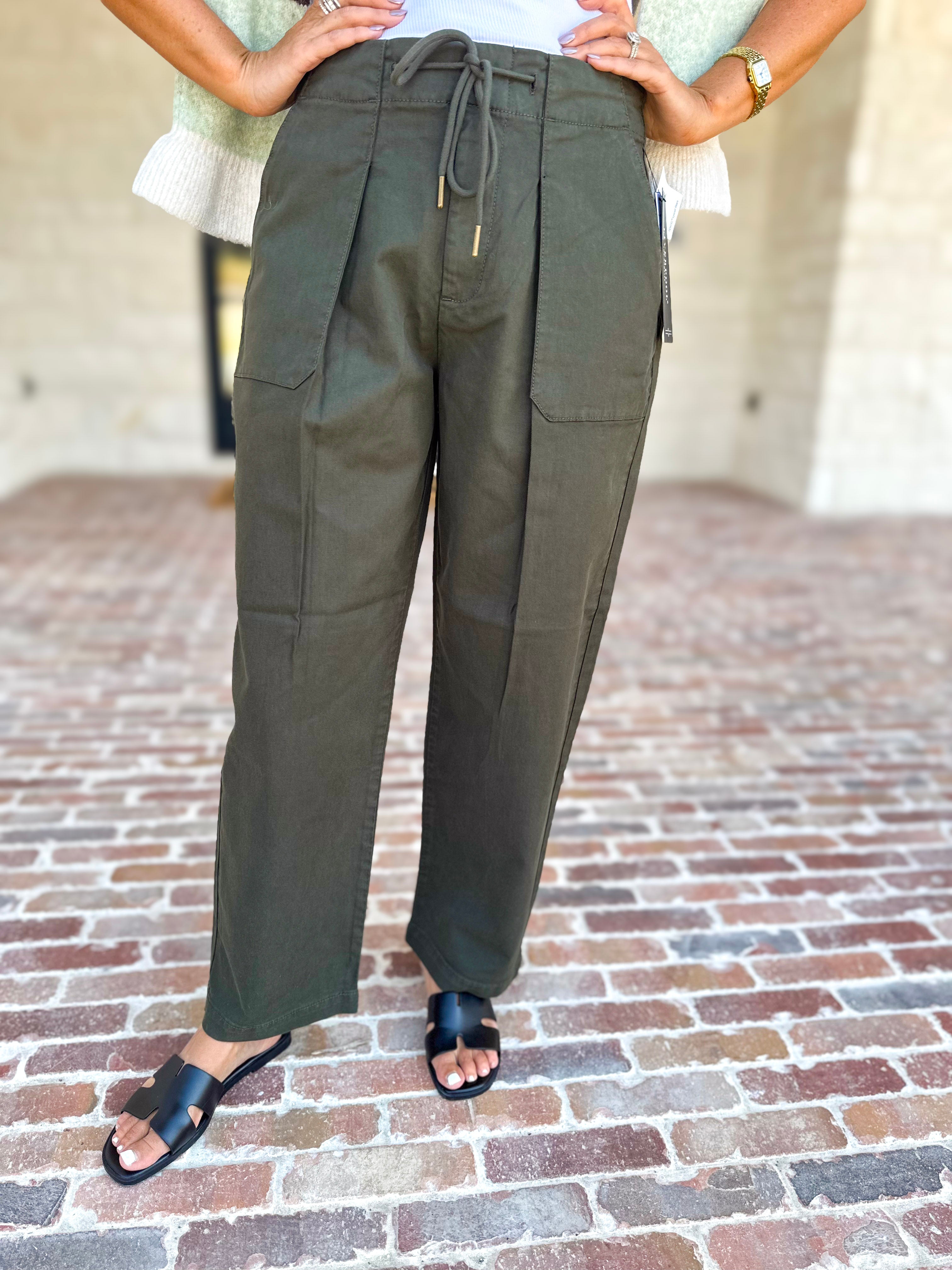 Liverpool - Cropped Olive Green Drawstring Trousers-400 Pants-LIVERPOOL JEANS COMPANY-July & June Women's Fashion Boutique Located in San Antonio, Texas
