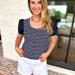 Navy Stripe Knit Tee-200 Fashion Blouses-SKIES ARE BLUE-July & June Women's Fashion Boutique Located in San Antonio, Texas