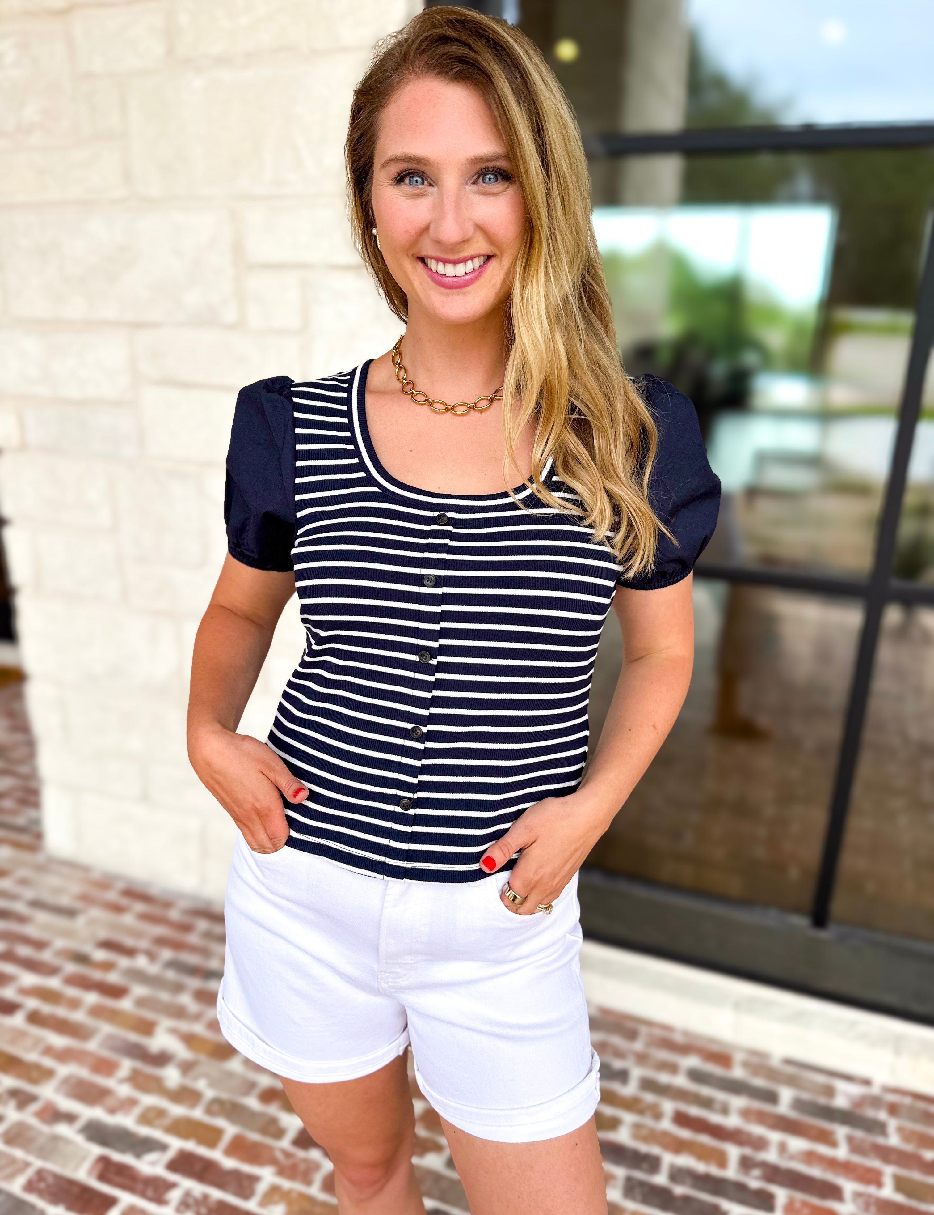 Navy Stripe Knit Tee-200 Fashion Blouses-SKIES ARE BLUE-July & June Women's Fashion Boutique Located in San Antonio, Texas