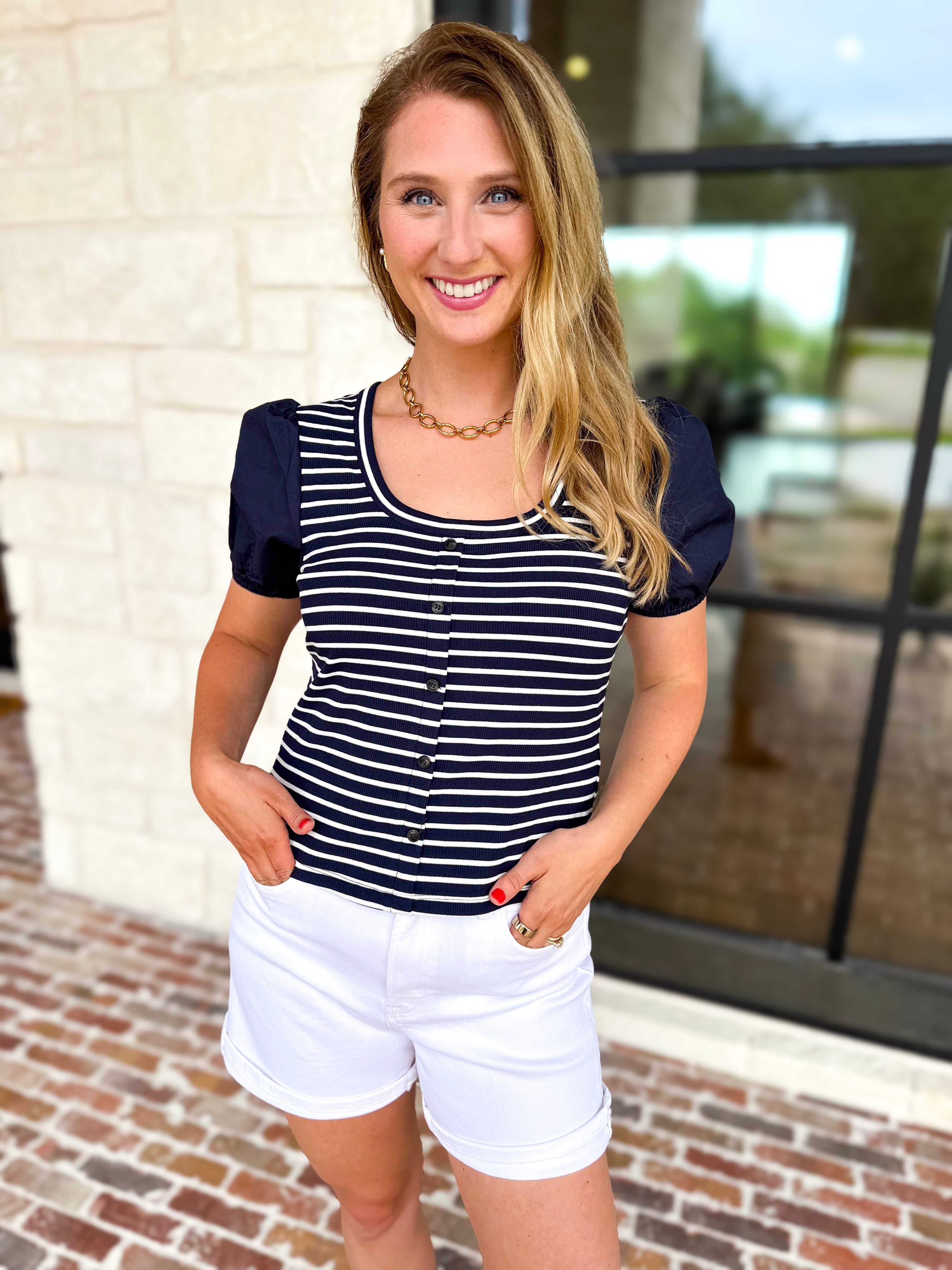 Navy Stripe Knit Tee-200 Fashion Blouses-SKIES ARE BLUE-July & June Women's Fashion Boutique Located in San Antonio, Texas