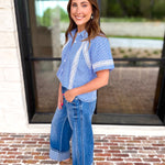 Crochet Blue Pinstripe Blouse-200 Fashion Blouses-JODIFL-July & June Women's Fashion Boutique Located in San Antonio, Texas