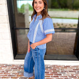 Crochet Blue Pinstripe Blouse-200 Fashion Blouses-JODIFL-July & June Women's Fashion Boutique Located in San Antonio, Texas