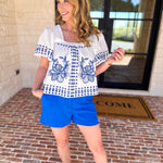 Tropical Blue Embroidered Blouse-200 Fashion Blouses-FATE-July & June Women's Fashion Boutique Located in San Antonio, Texas