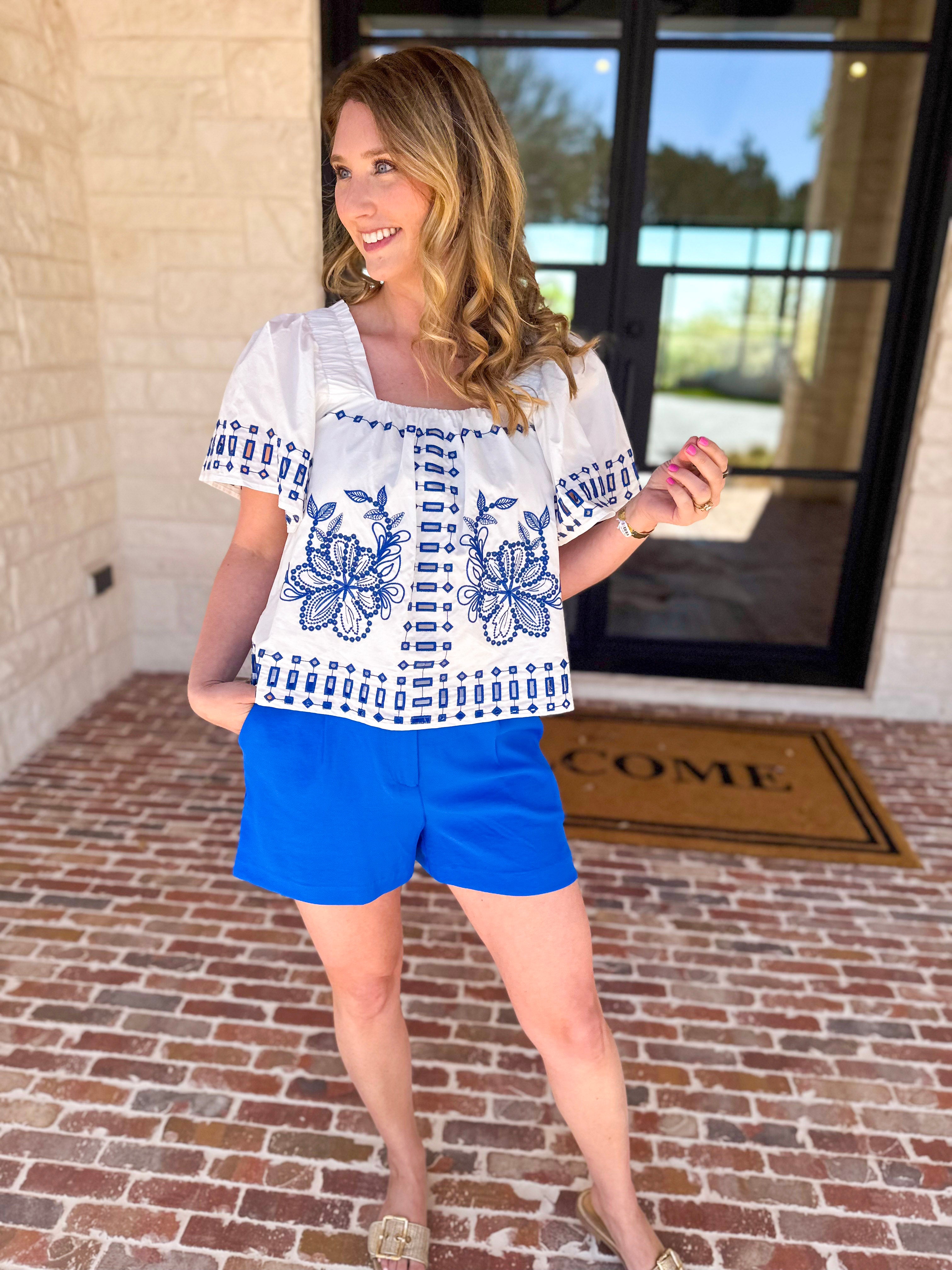 Tropical Blue Embroidered Blouse-200 Fashion Blouses-FATE-July & June Women's Fashion Boutique Located in San Antonio, Texas