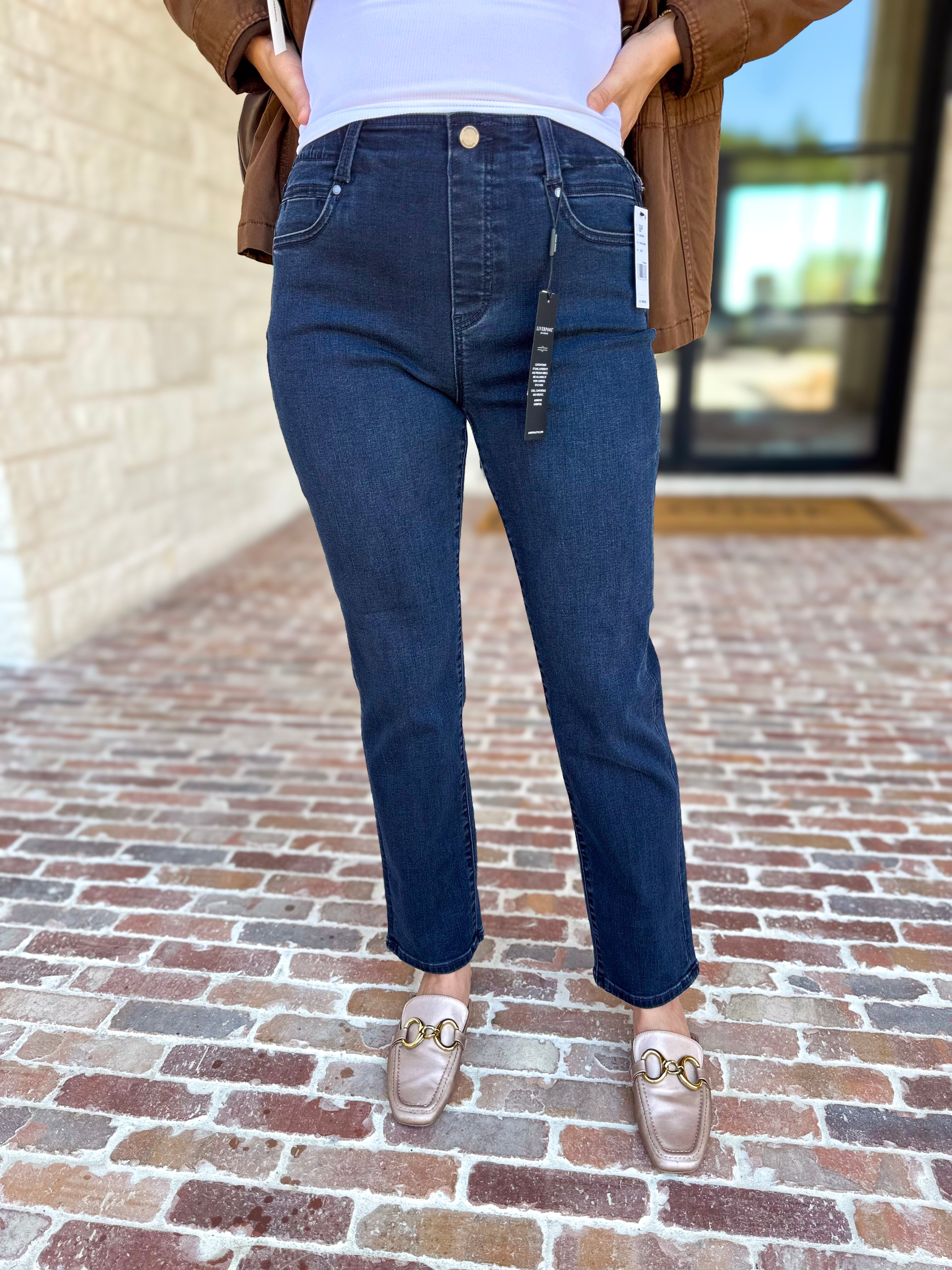 Liverpool - Dark Wash High Rise Straight Leg Jeans-420 Denim-LIVERPOOL JEANS COMPANY-July & June Women's Fashion Boutique Located in San Antonio, Texas