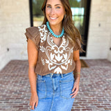THML - Nutmeg Embroidered Flutter Sleeve Blouse-200 Fashion Blouses-THML-July & June Women's Fashion Boutique Located in San Antonio, Texas