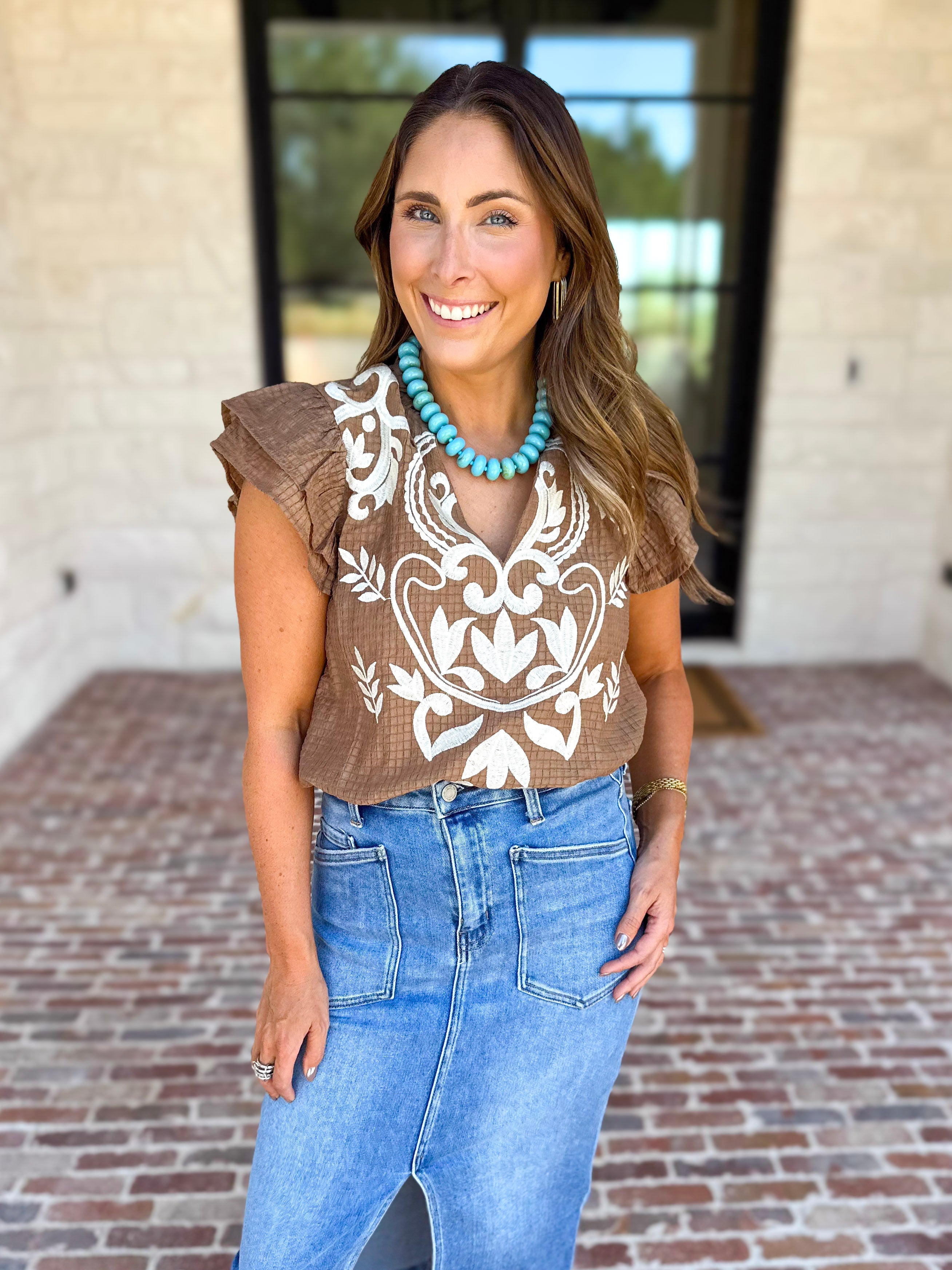 THML - Nutmeg Embroidered Flutter Sleeve Blouse-200 Fashion Blouses-THML-July & June Women's Fashion Boutique Located in San Antonio, Texas