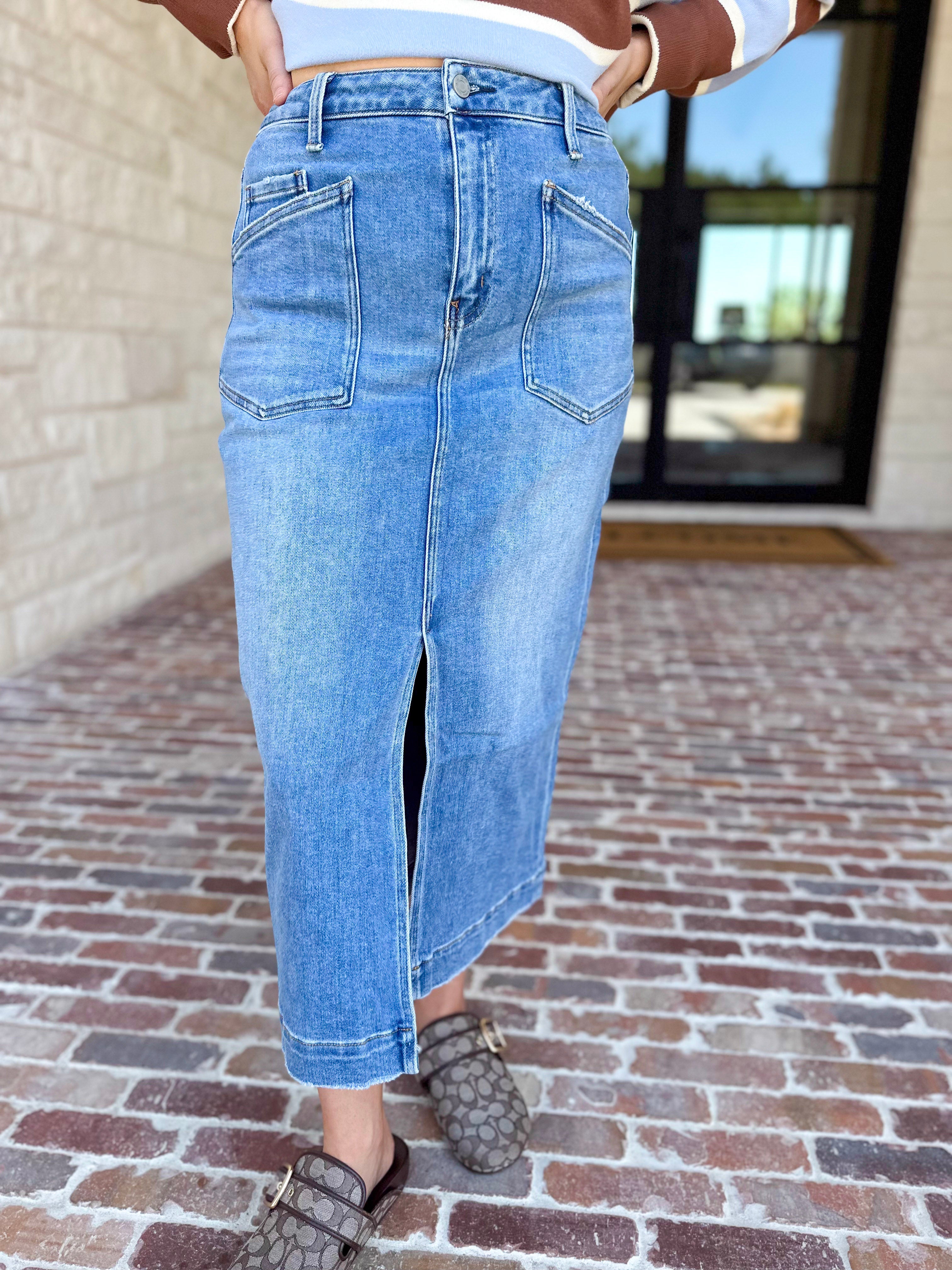 Vervet - Patch Pocket Denim Midi Skirt-410 Shorts/Skirts-VEVERT BY FLYING MONKEY-July & June Women's Fashion Boutique Located in San Antonio, Texas