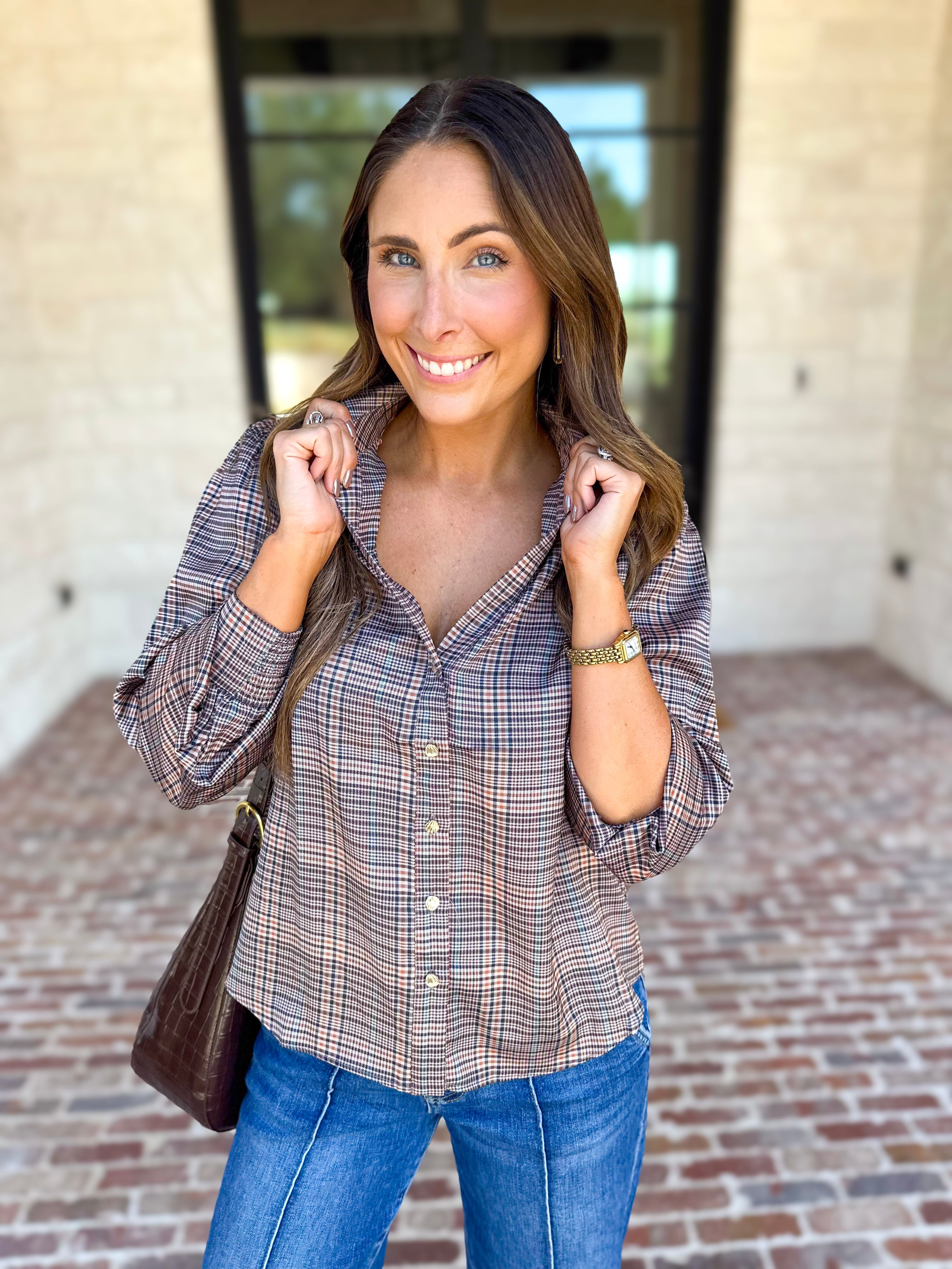 Current Air - Uptown Plaid Button Down Blouse-200 Fashion Blouses-CURRENT AIR CLOTHING-July & June Women's Fashion Boutique Located in San Antonio, Texas