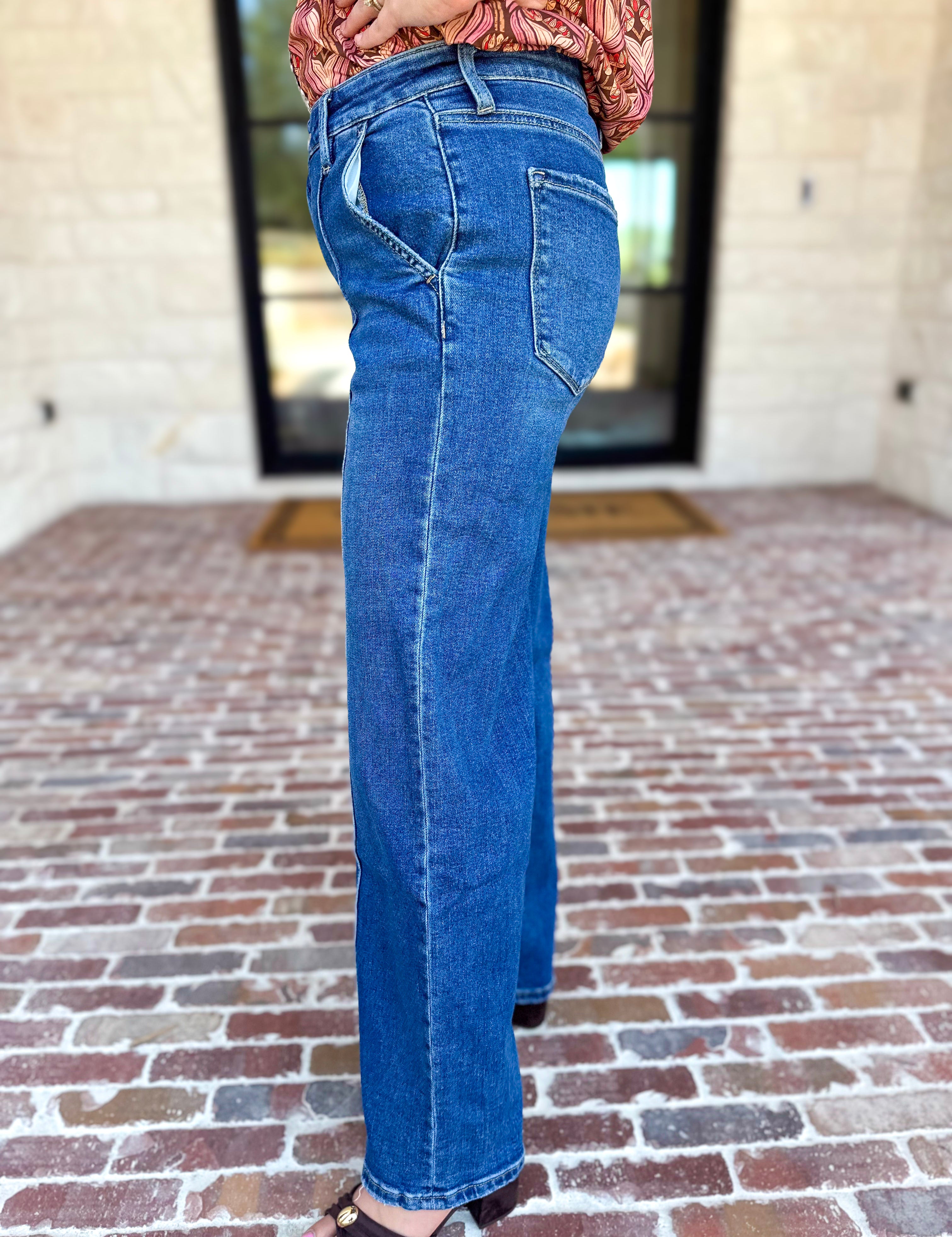 Vervet - Pin Tick High Rise Wide Leg Jeans-420 Denim-VEVERT BY FLYING MONKEY-July & June Women's Fashion Boutique Located in San Antonio, Texas